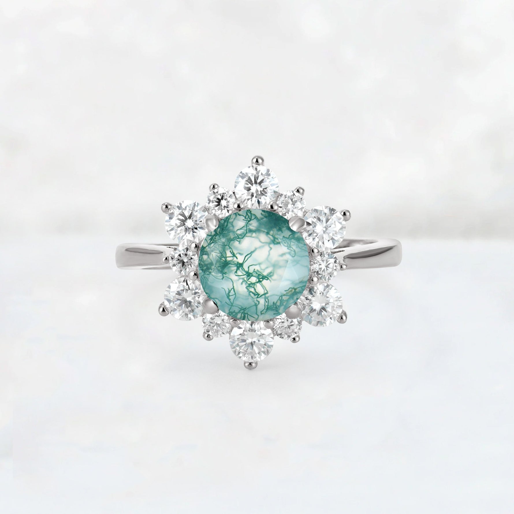 Round Cut Moss Agate Floral Cluster Engagement Ring - Additional view