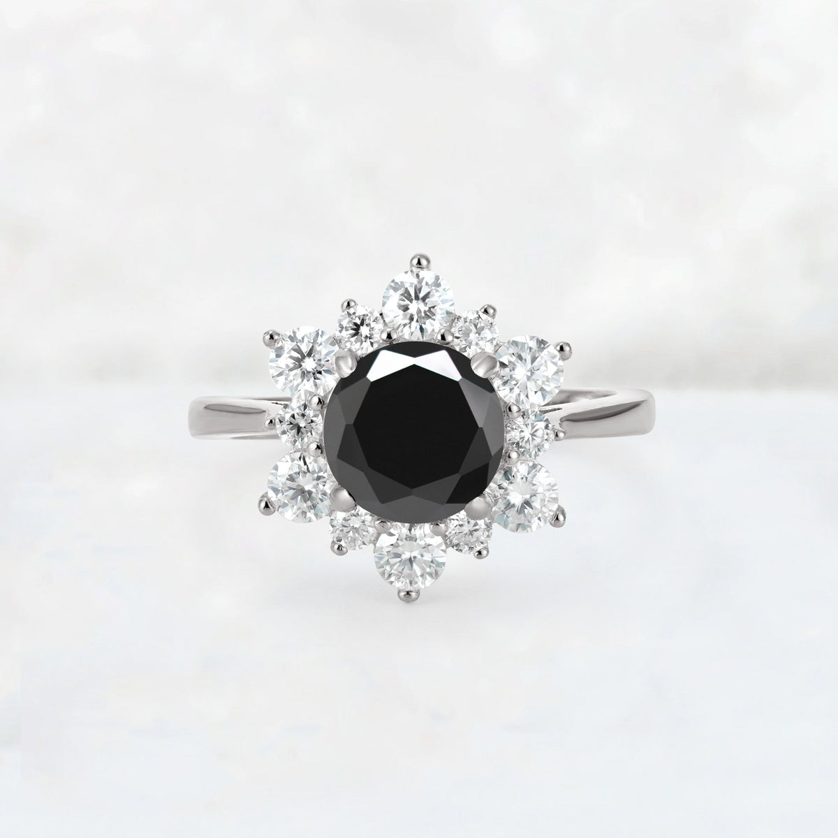 Round Cut Black Onyx Floral Cluster Engagement Ring - Additional view