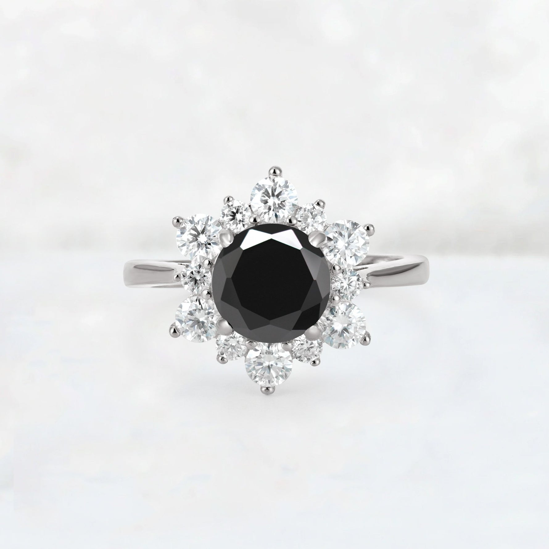 Round Cut Black Onyx Floral Cluster Engagement Ring - Additional view