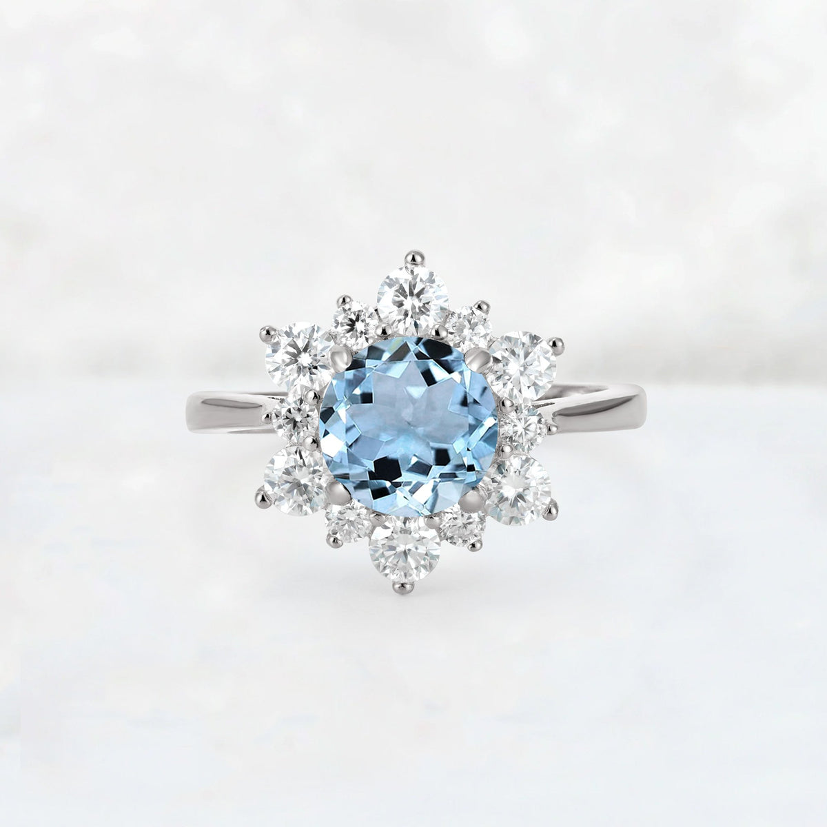 Round Cut Aquamarine Floral Cluster Engagement Ring - Additional view