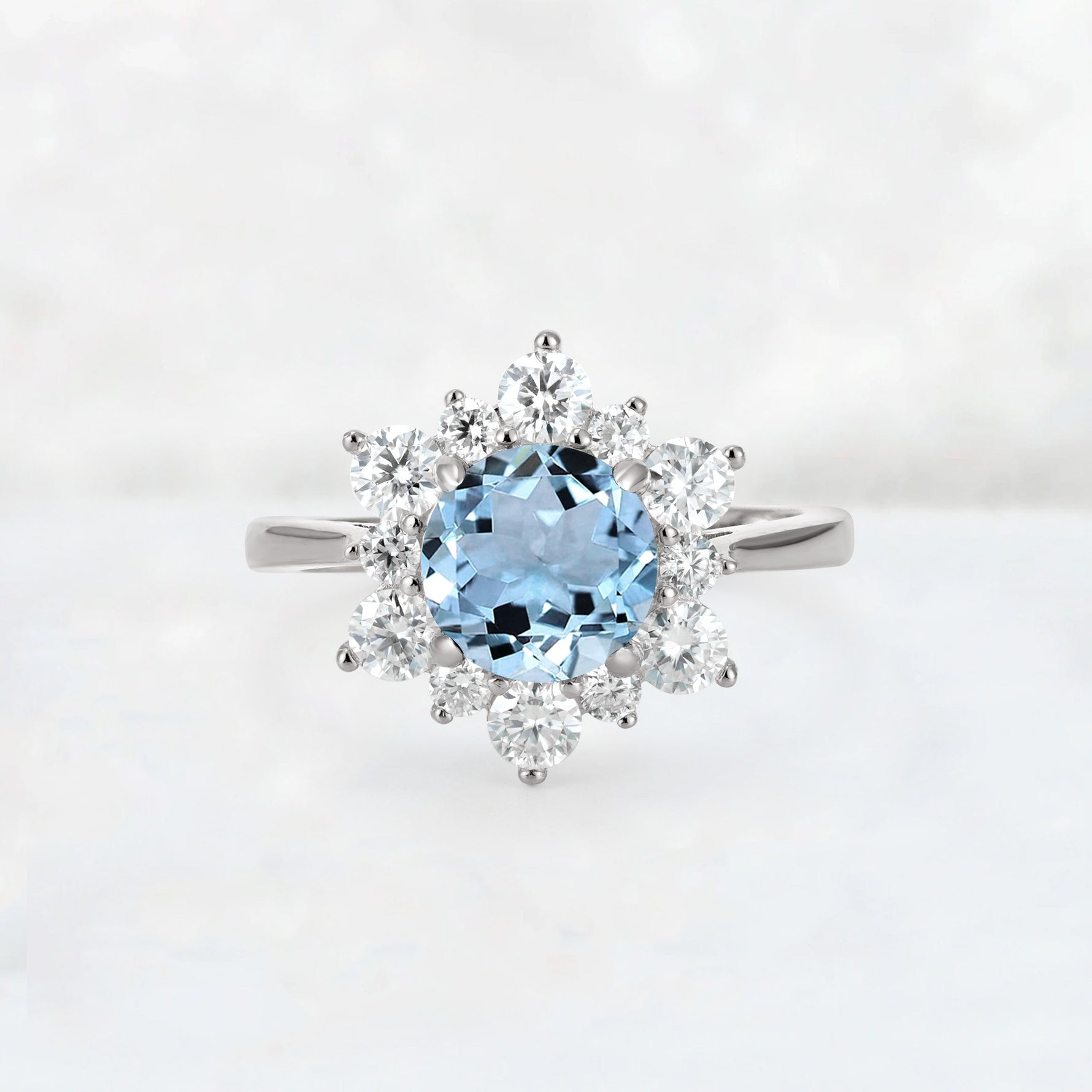 Round Cut Aquamarine Floral Cluster Engagement Ring - Additional view