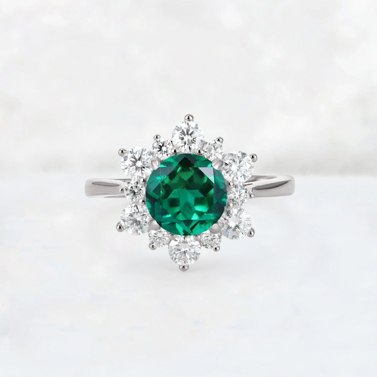 Round Cut Emerald Floral Cluster Engagement Ring - Additional view