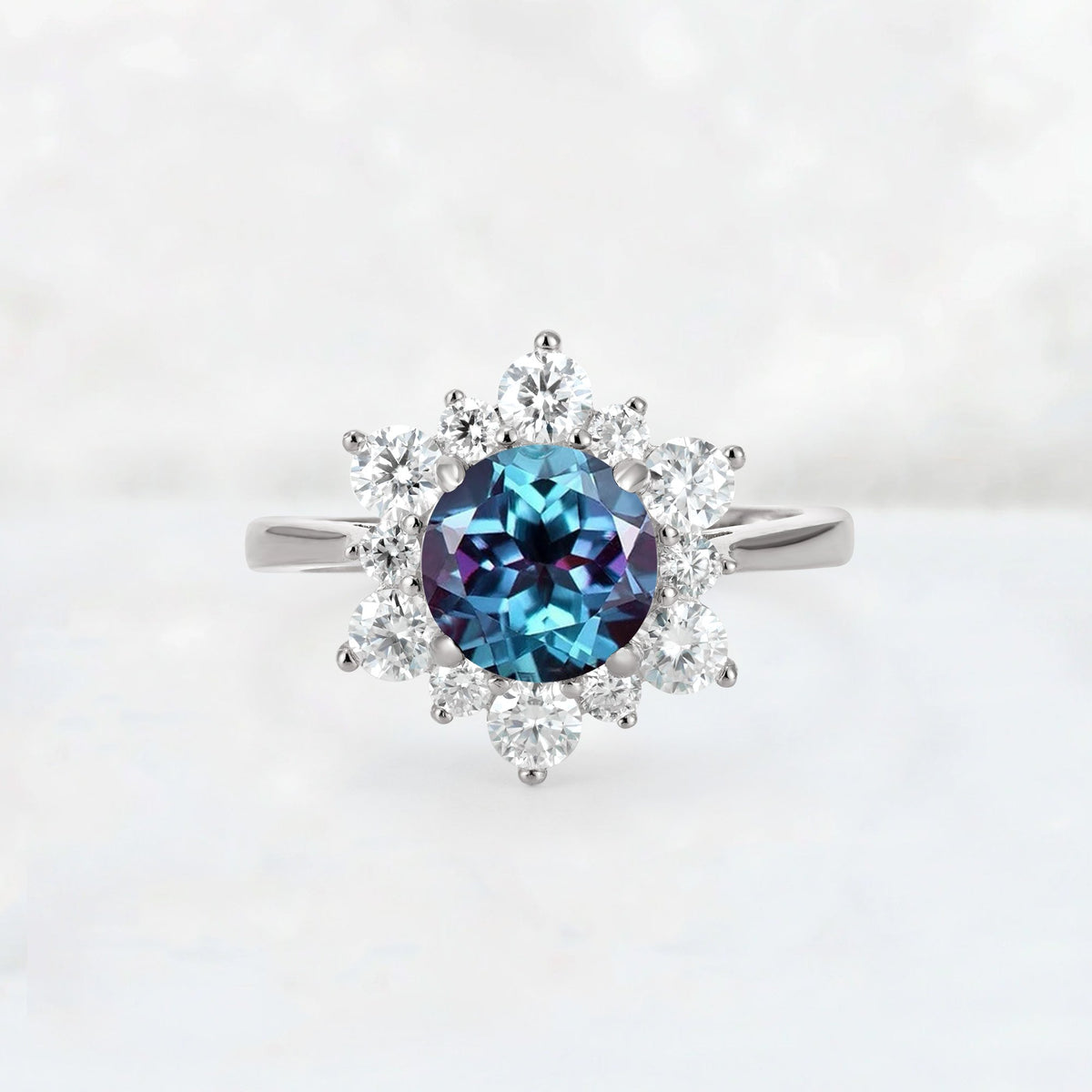 Round Cut Alexandrite Floral Cluster Engagement Ring - Additional view