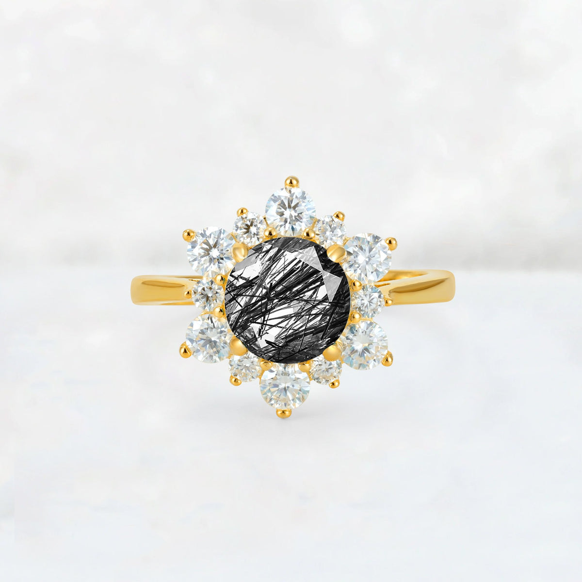 Round Cut Black Rutilated Quartz Floral Cluster Engagement Ring - Additional view