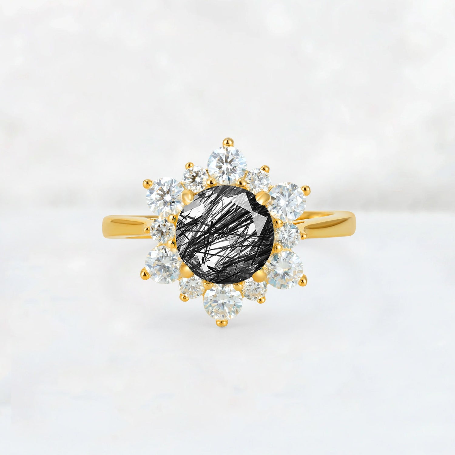Round Cut Black Rutilated Quartz Floral Cluster Engagement Ring - Additional view