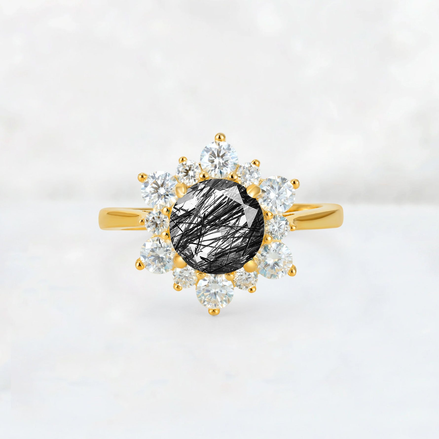 Round Cut Black Rutilated Quartz Floral Cluster Engagement Ring - Additional view