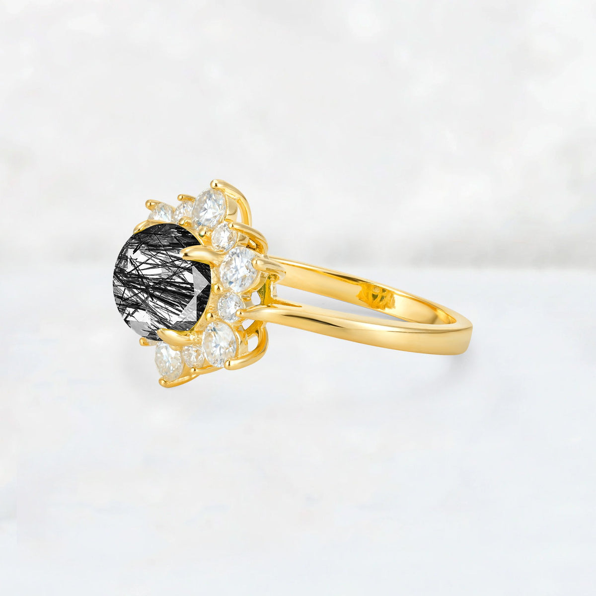 Round Cut Black Rutilated Quartz Floral Cluster Engagement Ring - Additional view