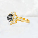 Round Cut Black Rutilated Quartz Floral Cluster Engagement Ring - Additional view