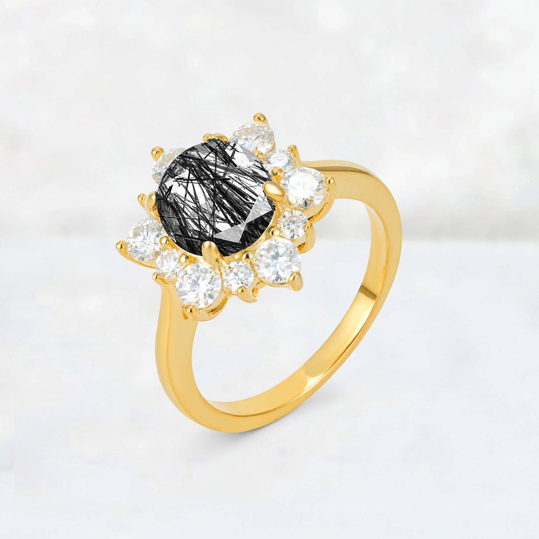 Round Cut Black Rutilated Quartz Floral Cluster Engagement Ring - Additional view