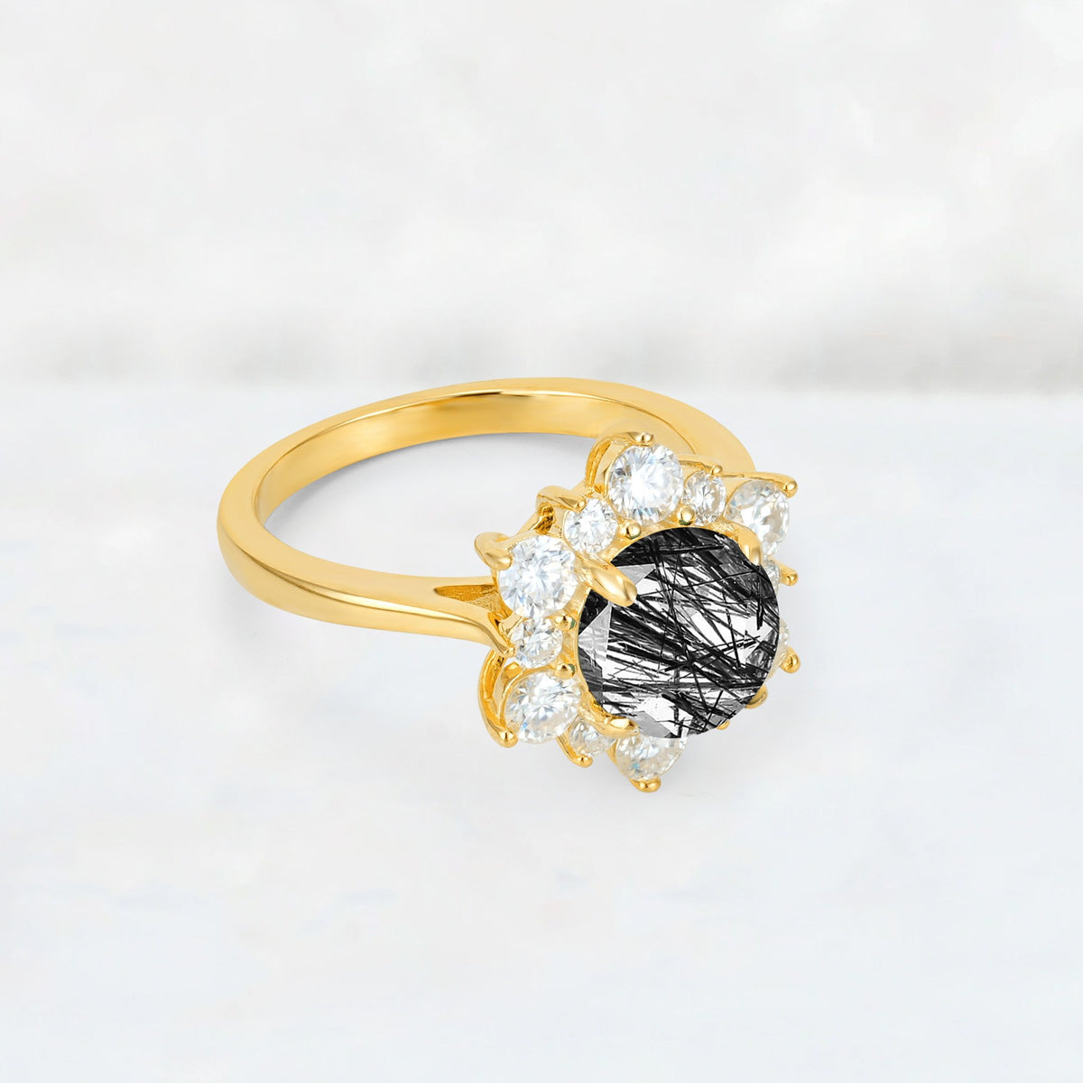 Round Cut Black Rutilated Quartz Floral Cluster Engagement Ring - Additional view