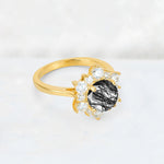 Round Cut Black Rutilated Quartz Floral Cluster Engagement Ring - Additional view