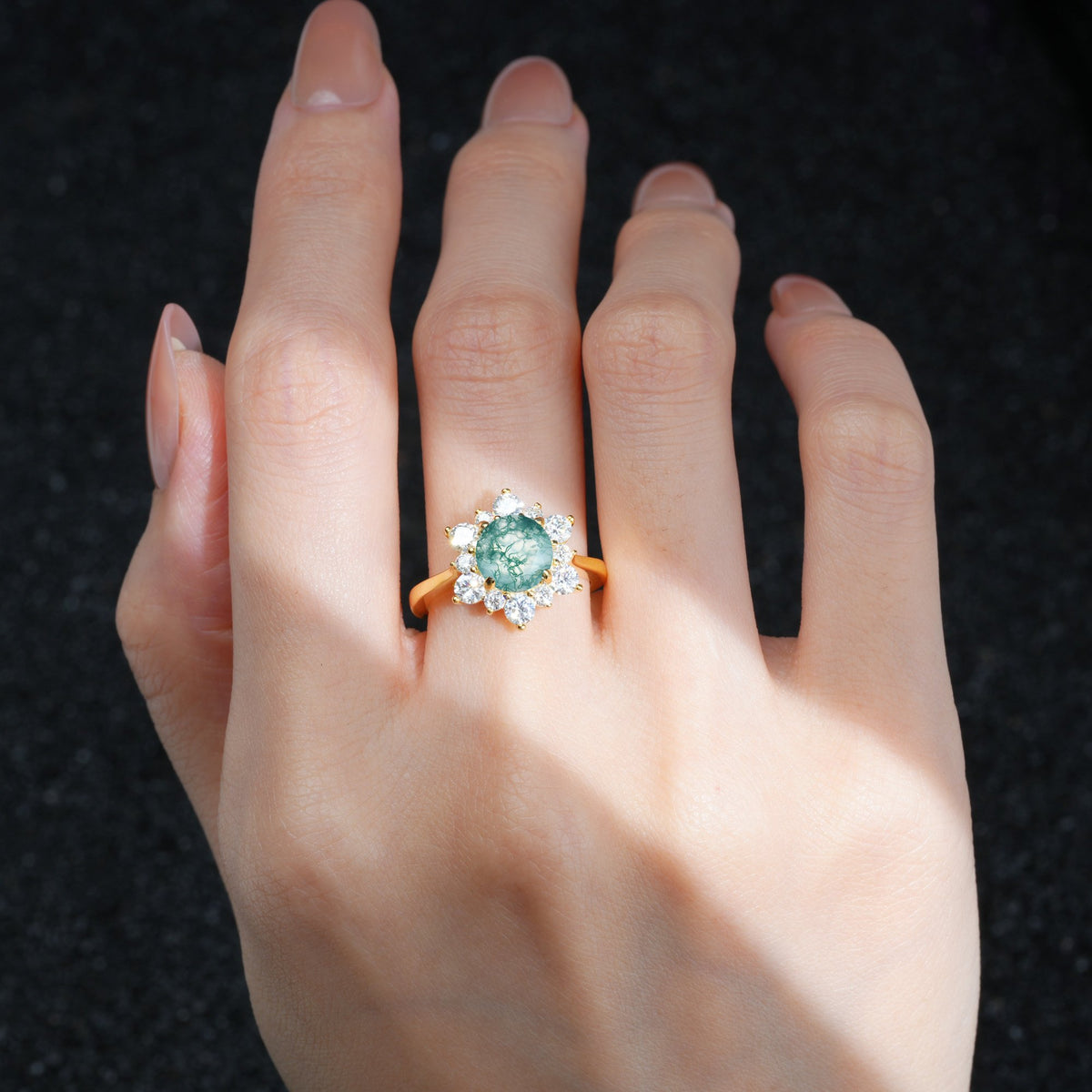 Round Cut Moss Agate Floral Cluster Engagement Ring - Additional view