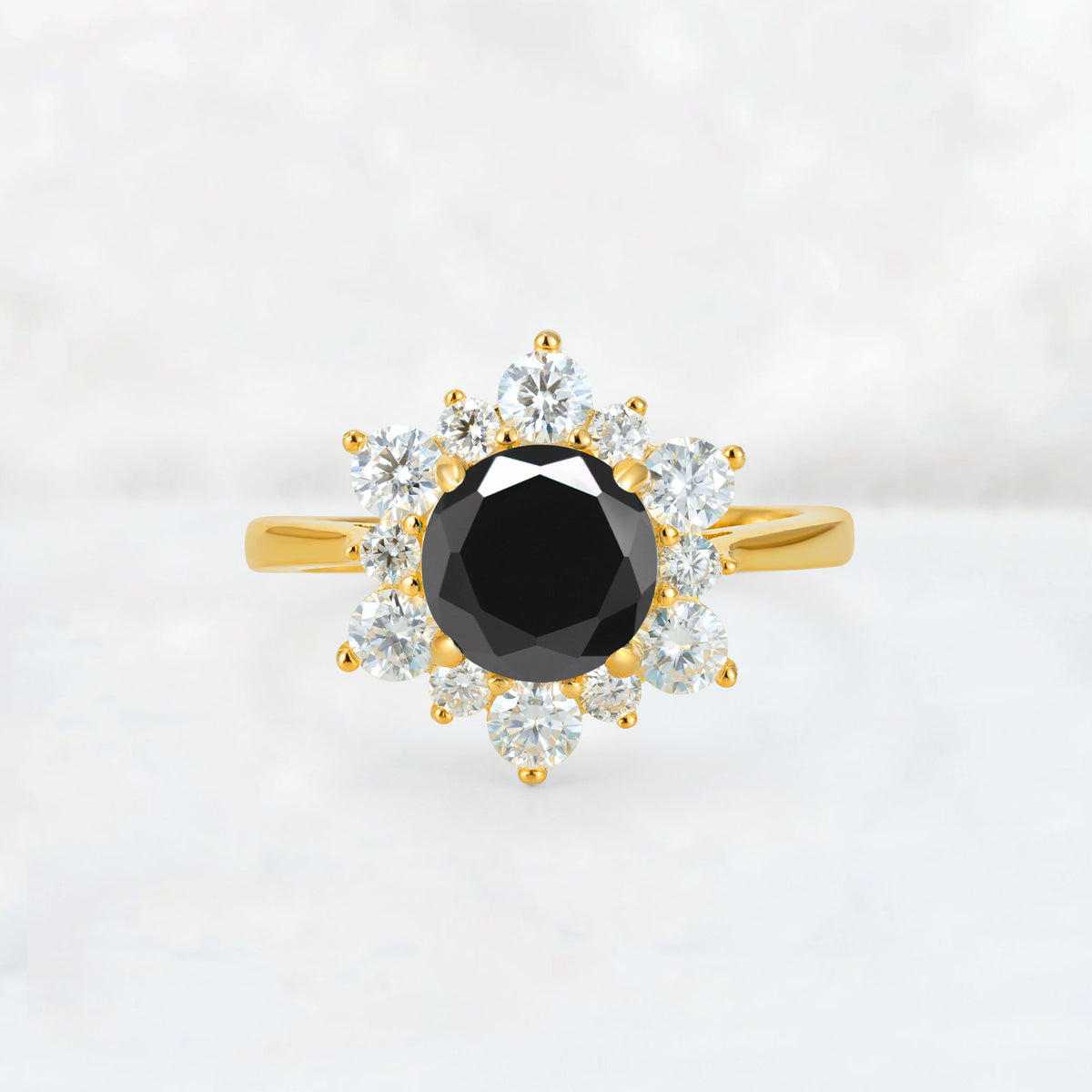 Round Cut Black Onyx Floral Cluster Engagement Ring - Additional view