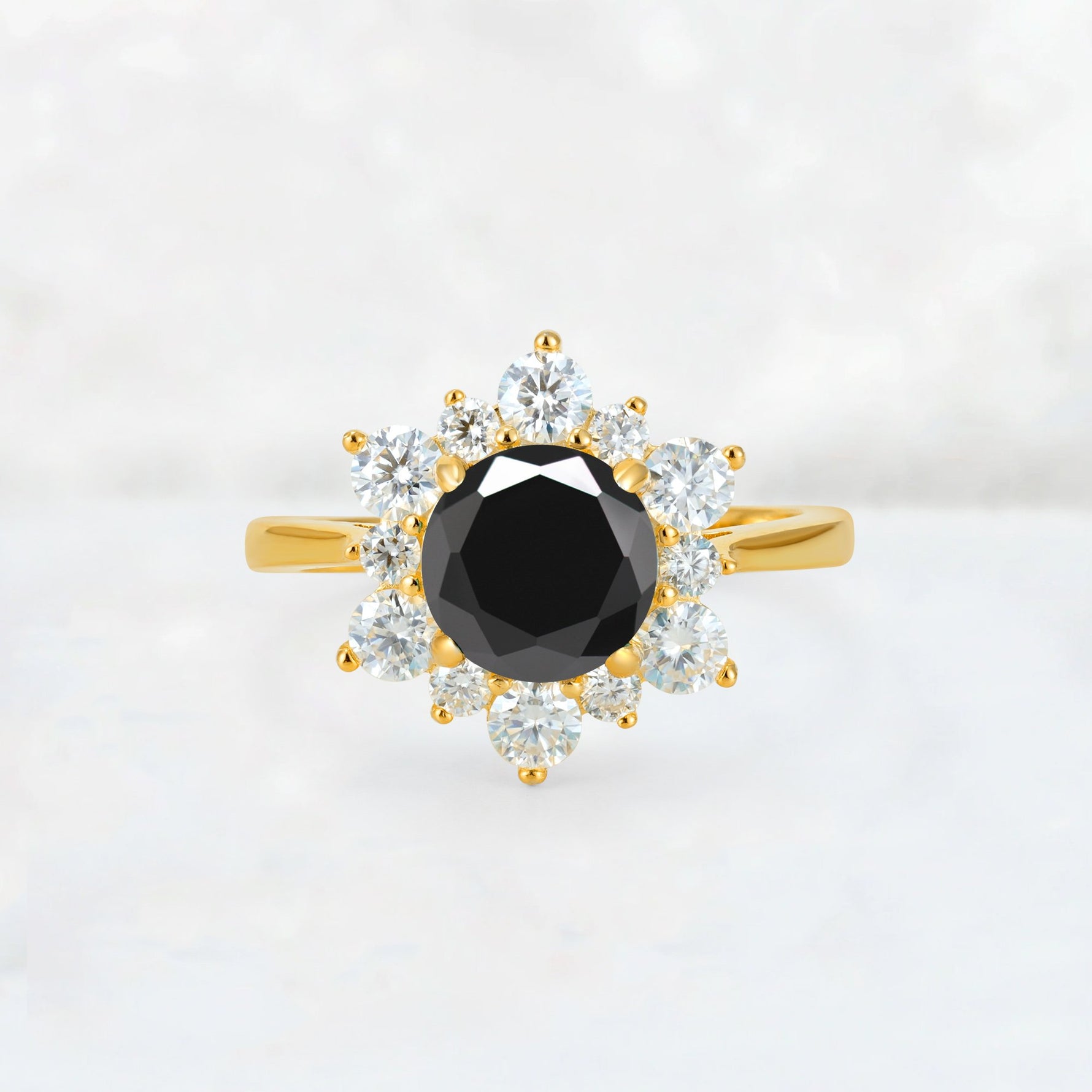 Round Cut Black Onyx Floral Cluster Engagement Ring - Additional view