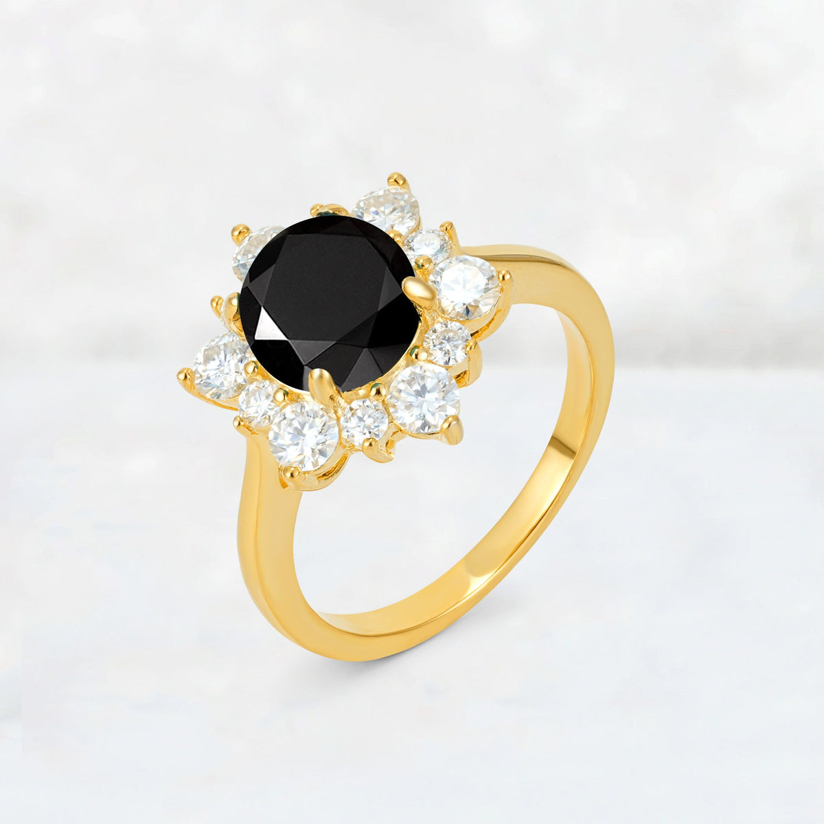 Round Cut Black Onyx Floral Cluster Engagement Ring - Additional view
