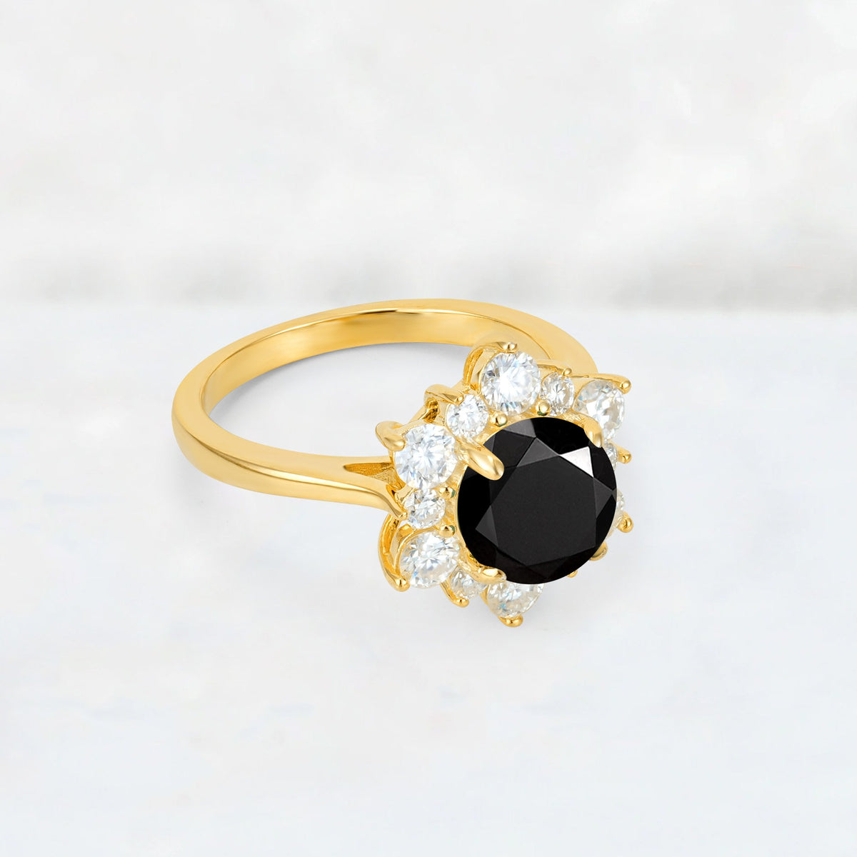 Round Cut Black Onyx Floral Cluster Engagement Ring - Additional view