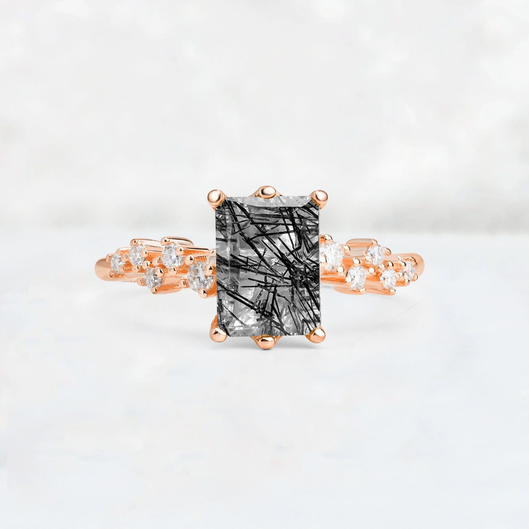 Princess Cut Black Rutilated Quartz Side Stone Engagement Ring - Additional view