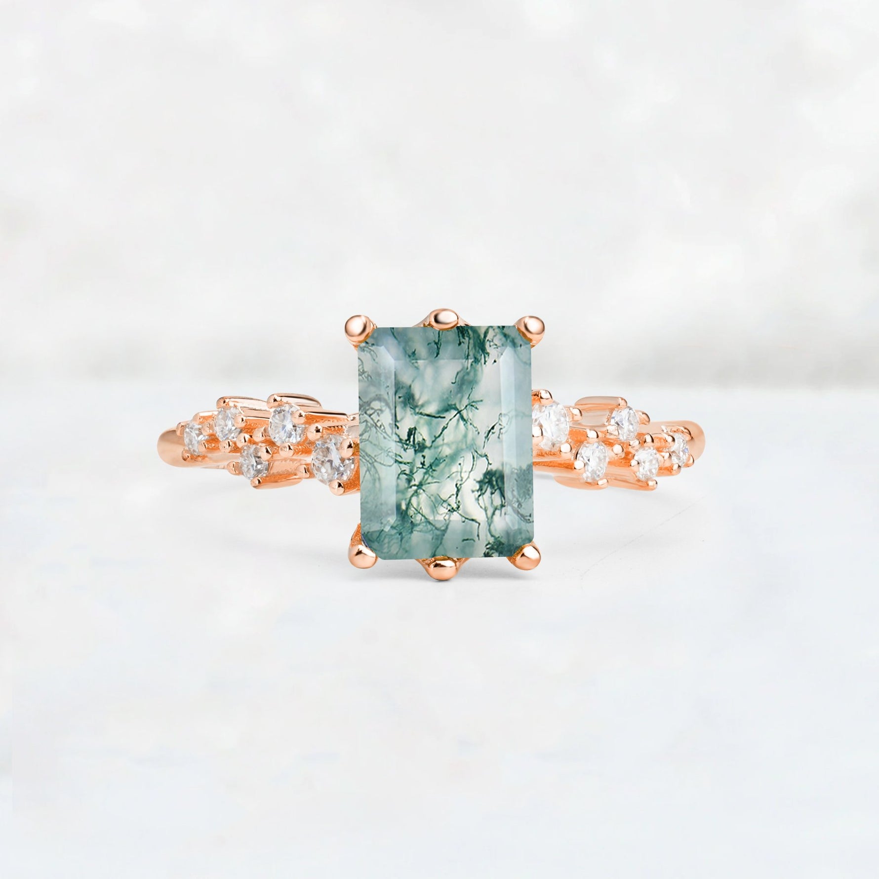 Princess Cut Moss Agate Side Stone Engagement Ring - Additional view