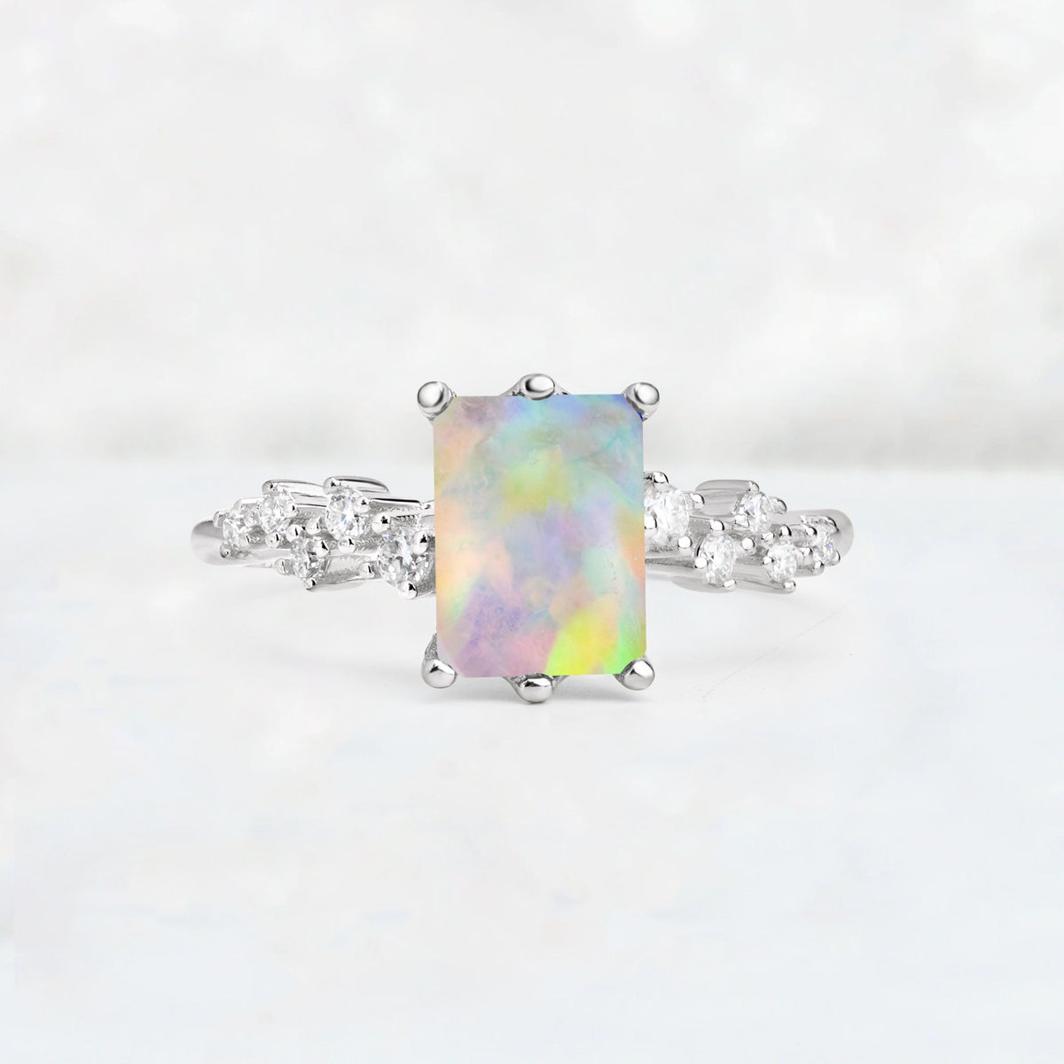 Princess Cut Fire Opal Side Stone Engagement Ring - Additional view