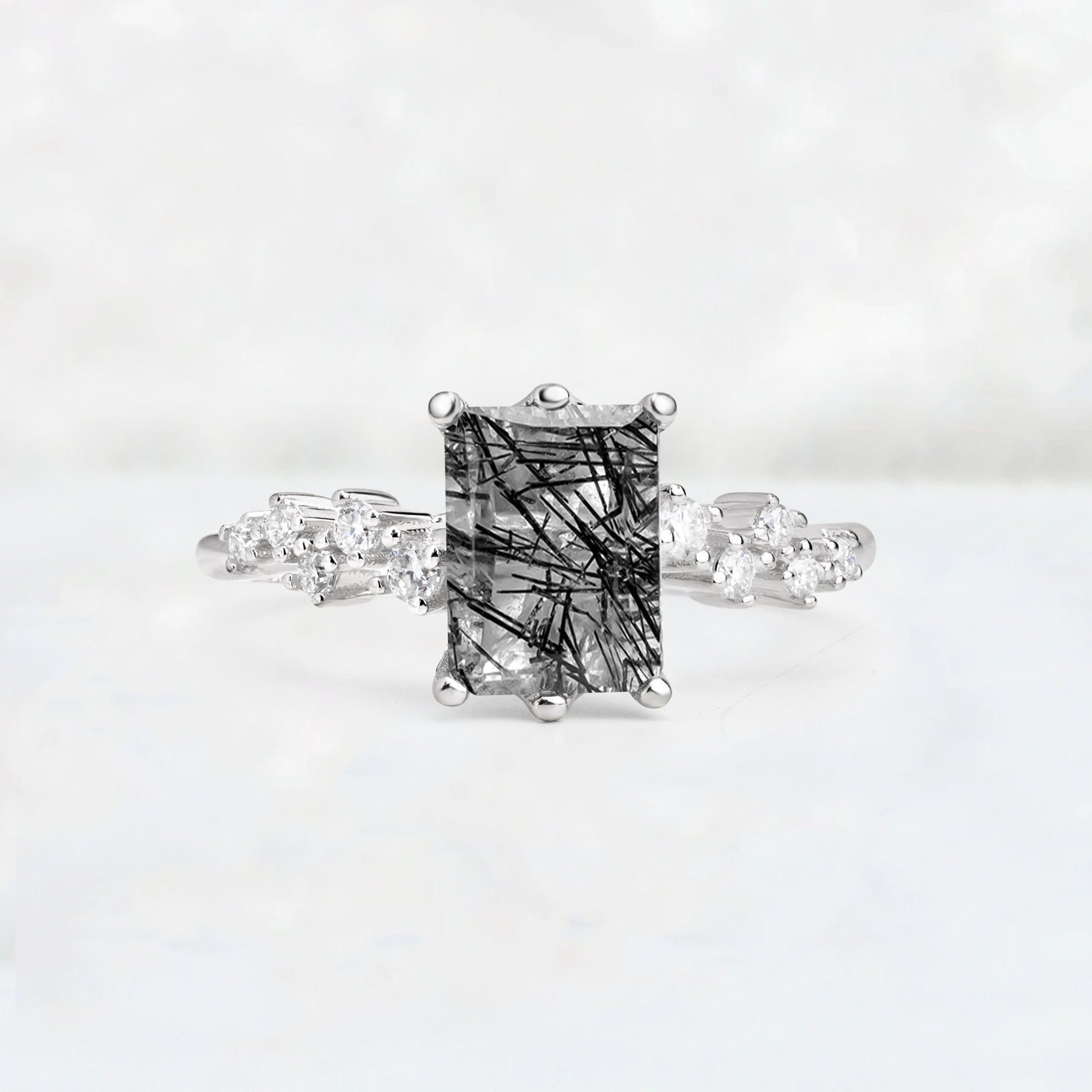 Princess Cut Black Rutilated Quartz Side Stone Engagement Ring - Additional view
