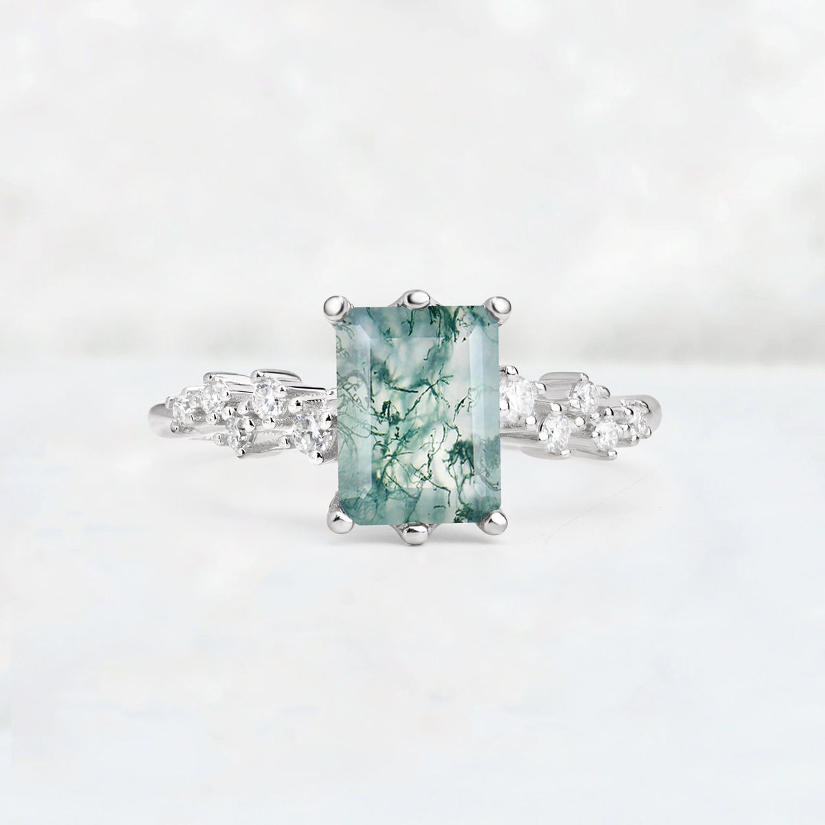 Princess Cut Moss Agate Side Stone Engagement Ring - Additional view