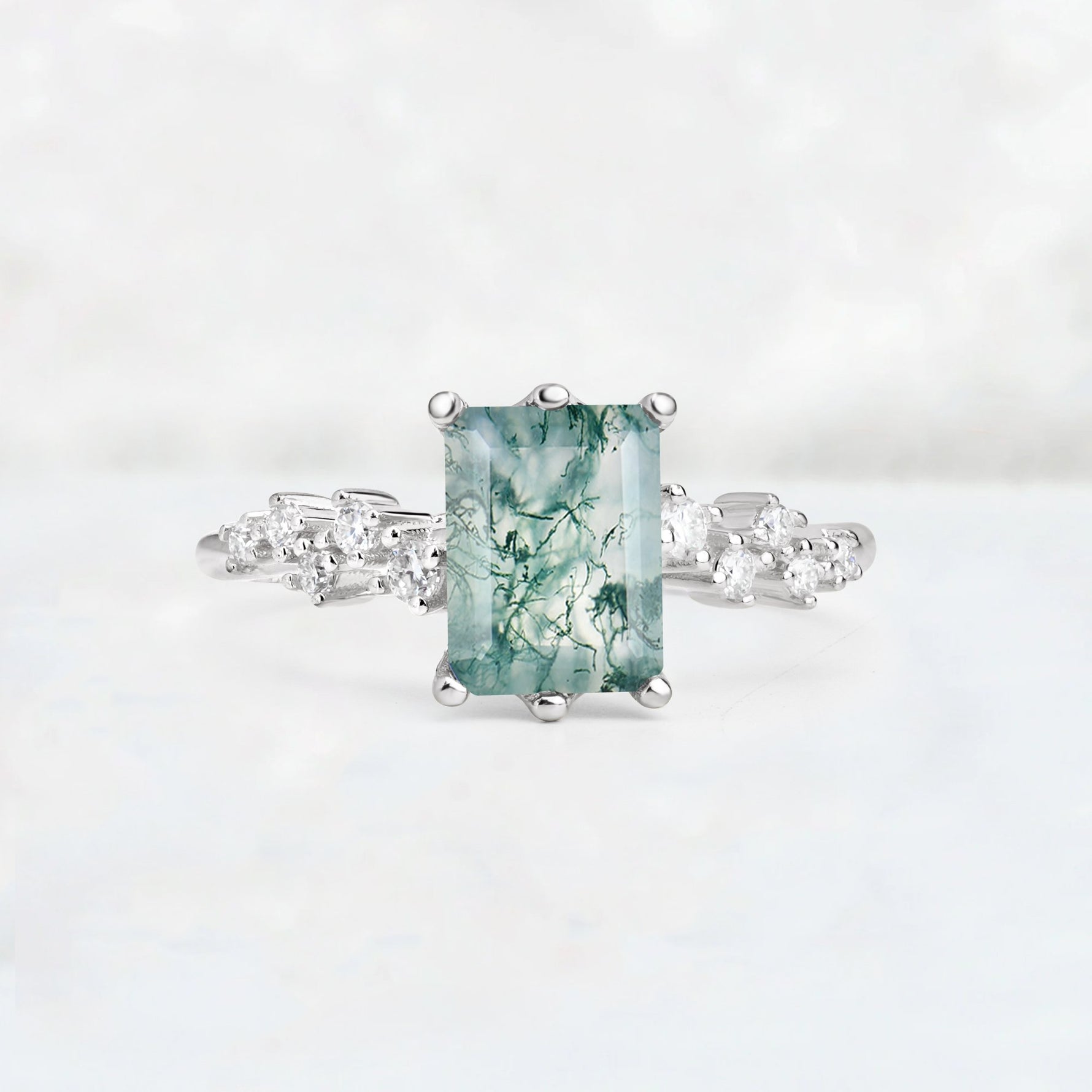 Princess Cut Moss Agate Side Stone Engagement Ring - Additional view