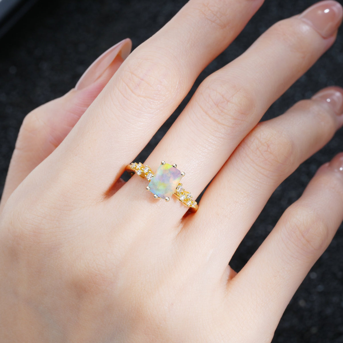 Princess Cut Fire Opal Side Stone Engagement Ring - Additional view