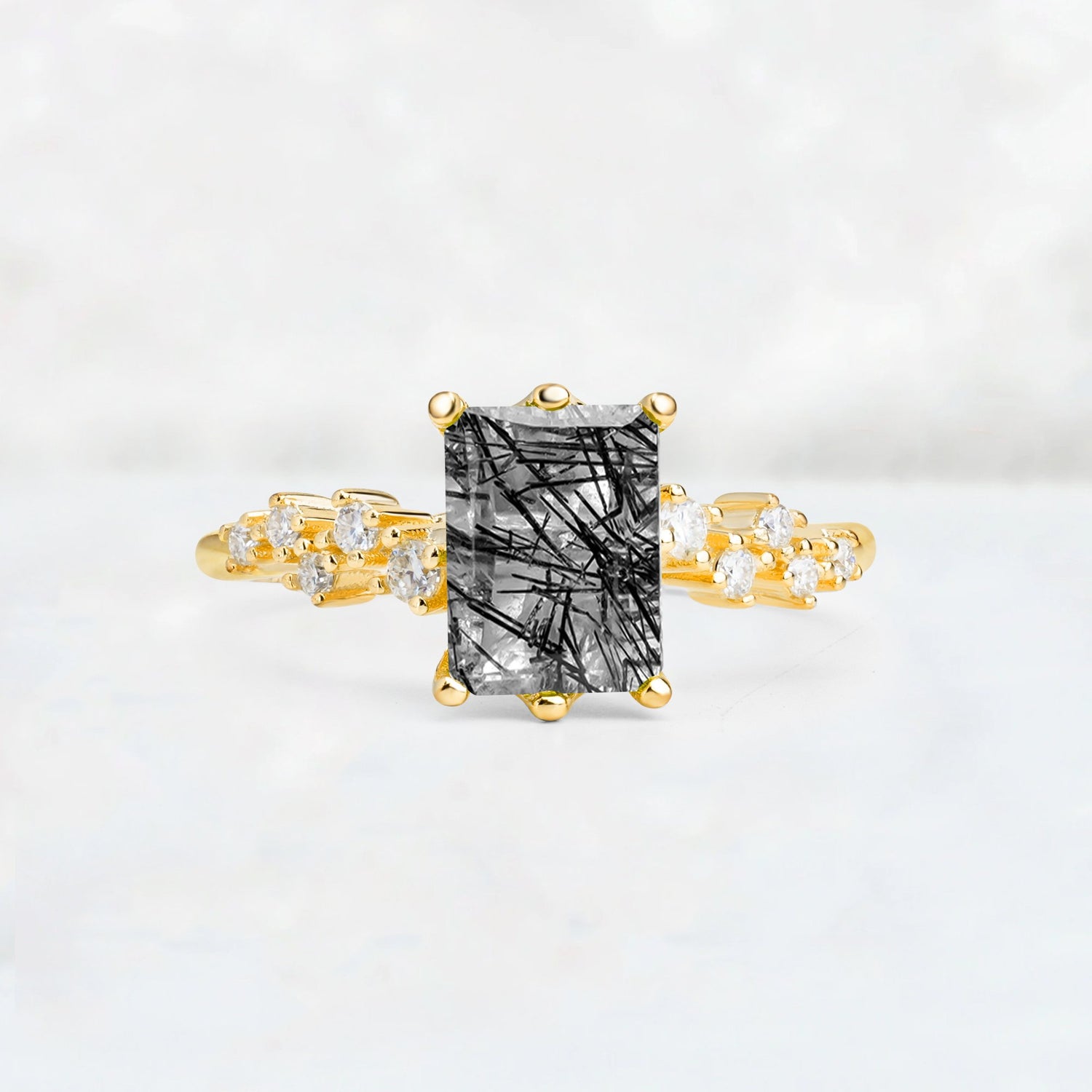 Princess Cut Black Rutilated Quartz Side Stone Engagement Ring - Additional view