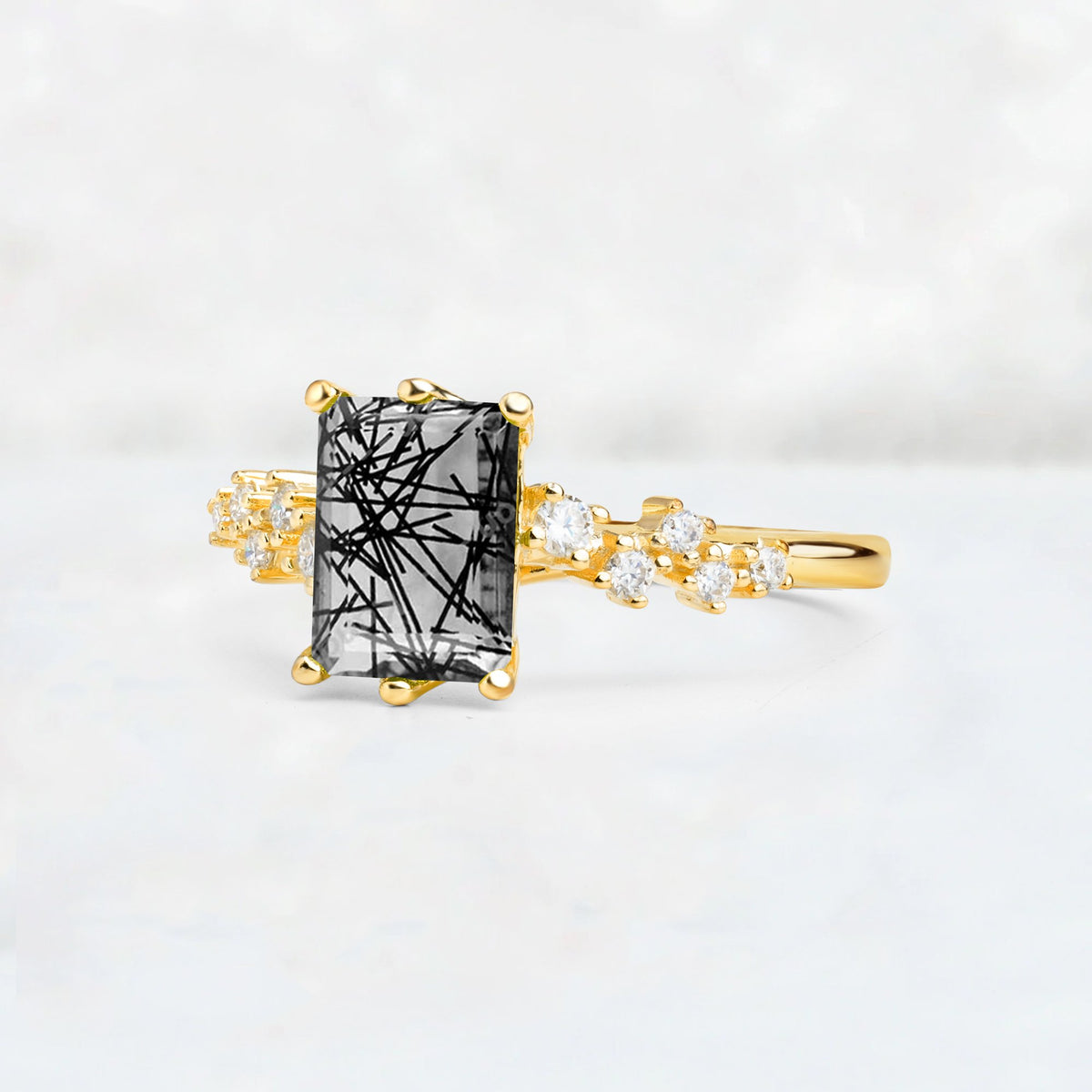 Princess Cut Black Rutilated Quartz Side Stone Engagement Ring - Additional view