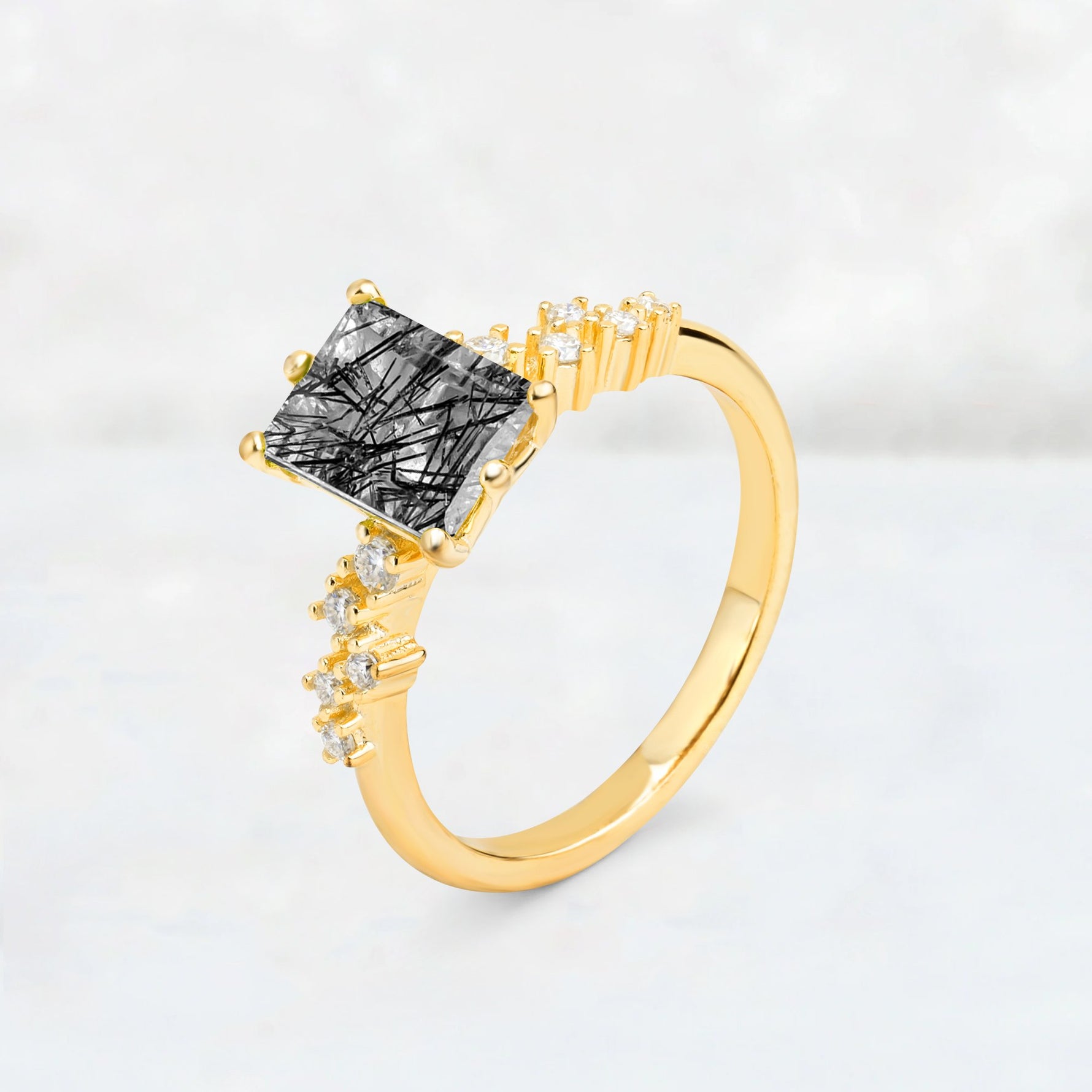 Princess Cut Black Rutilated Quartz Side Stone Engagement Ring - Additional view