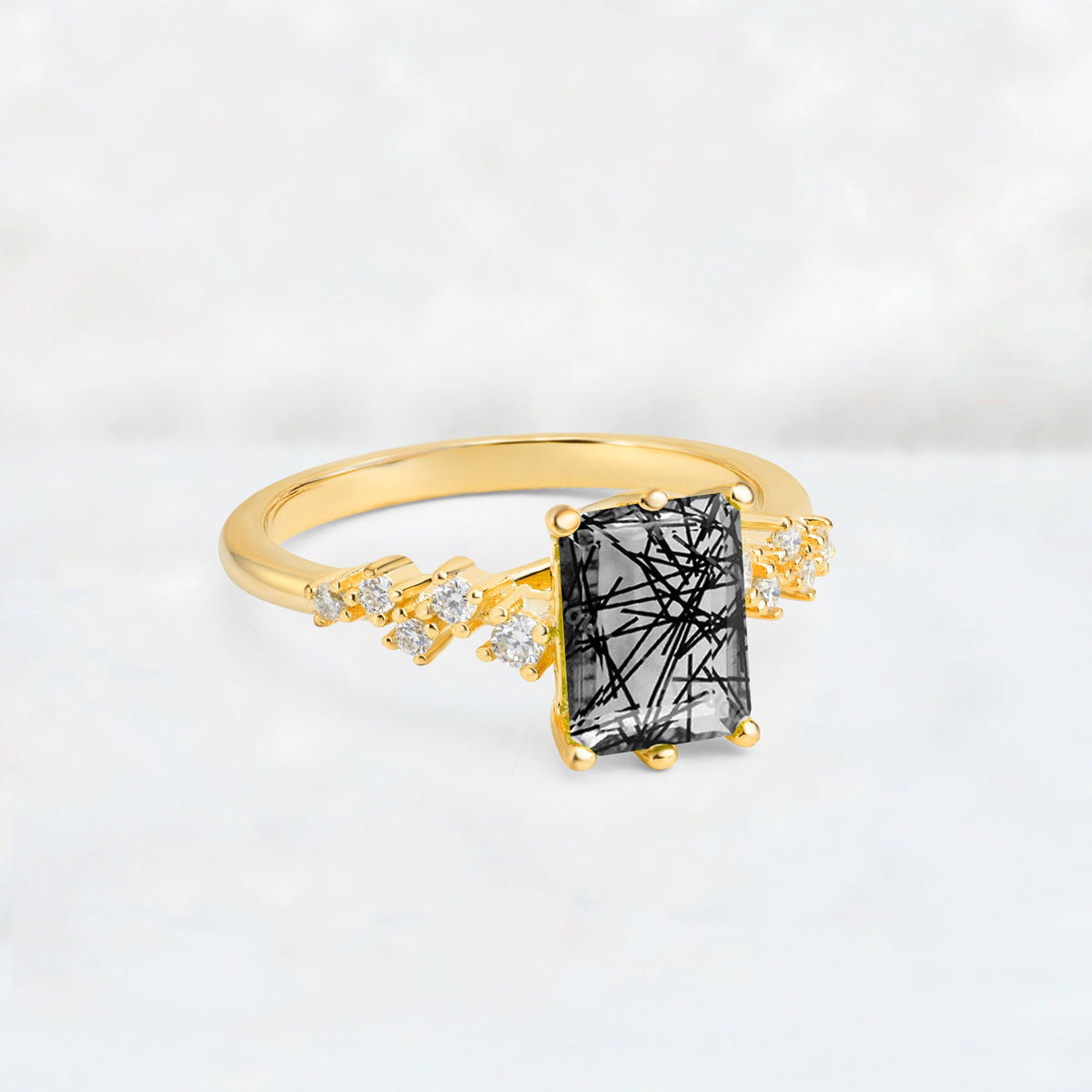 Princess Cut Black Rutilated Quartz Side Stone Engagement Ring - Additional view