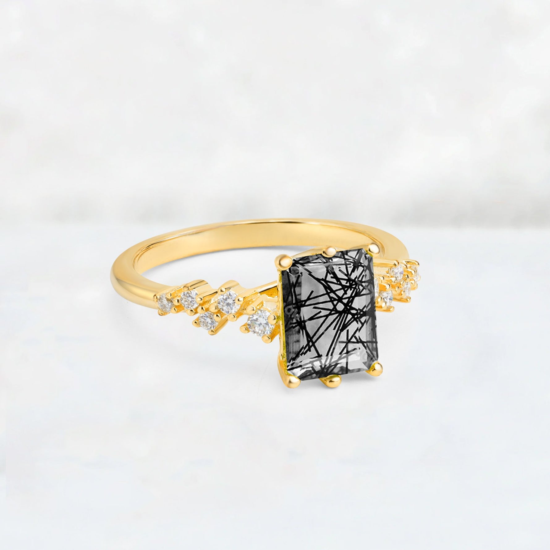 Princess Cut Black Rutilated Quartz Side Stone Engagement Ring - Additional view