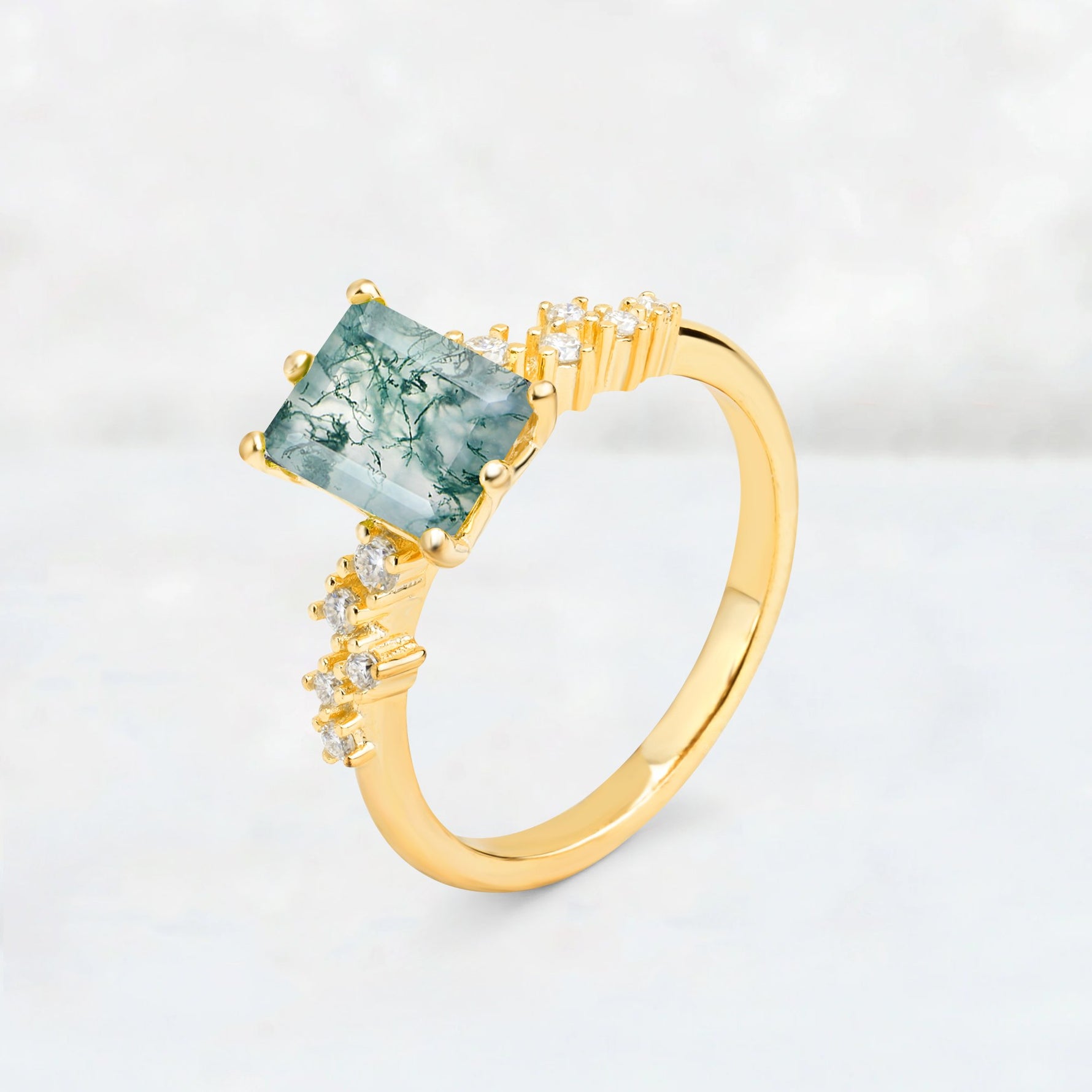 Princess Cut Moss Agate Side Stone Engagement Ring - Additional view