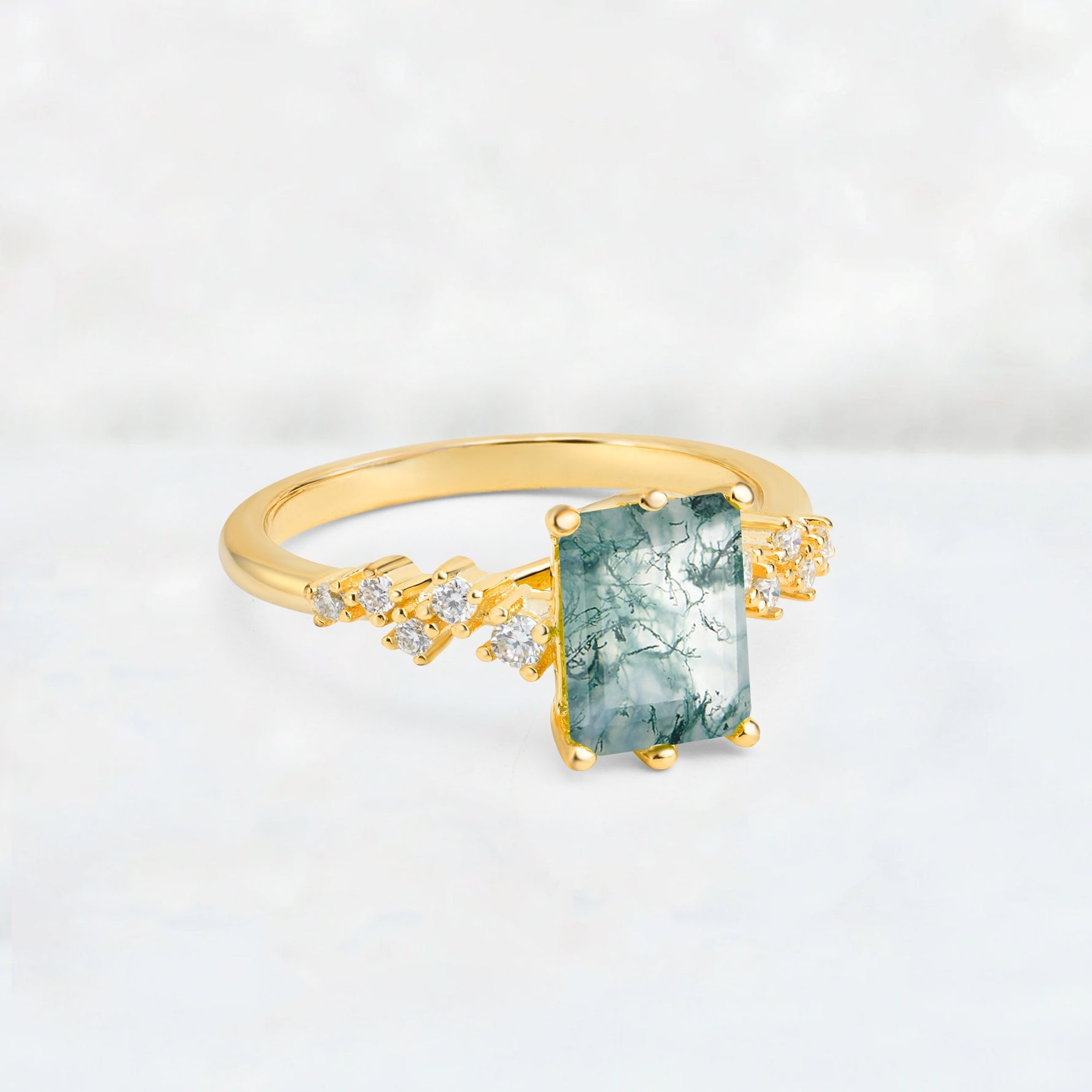 Princess Cut Moss Agate Side Stone Engagement Ring - Additional view