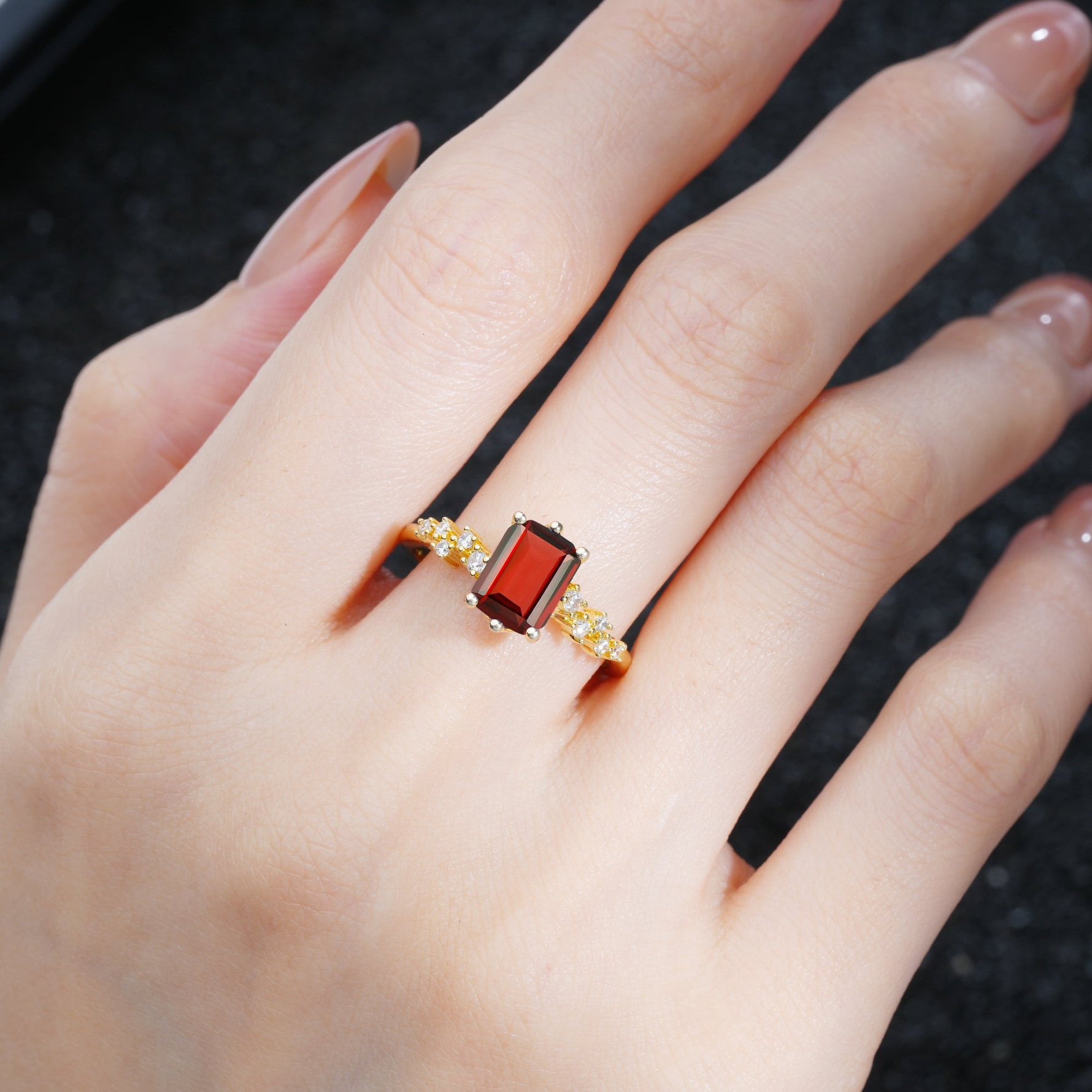 Princess Cut Garnet Side Stone Engagement Ring - Additional view