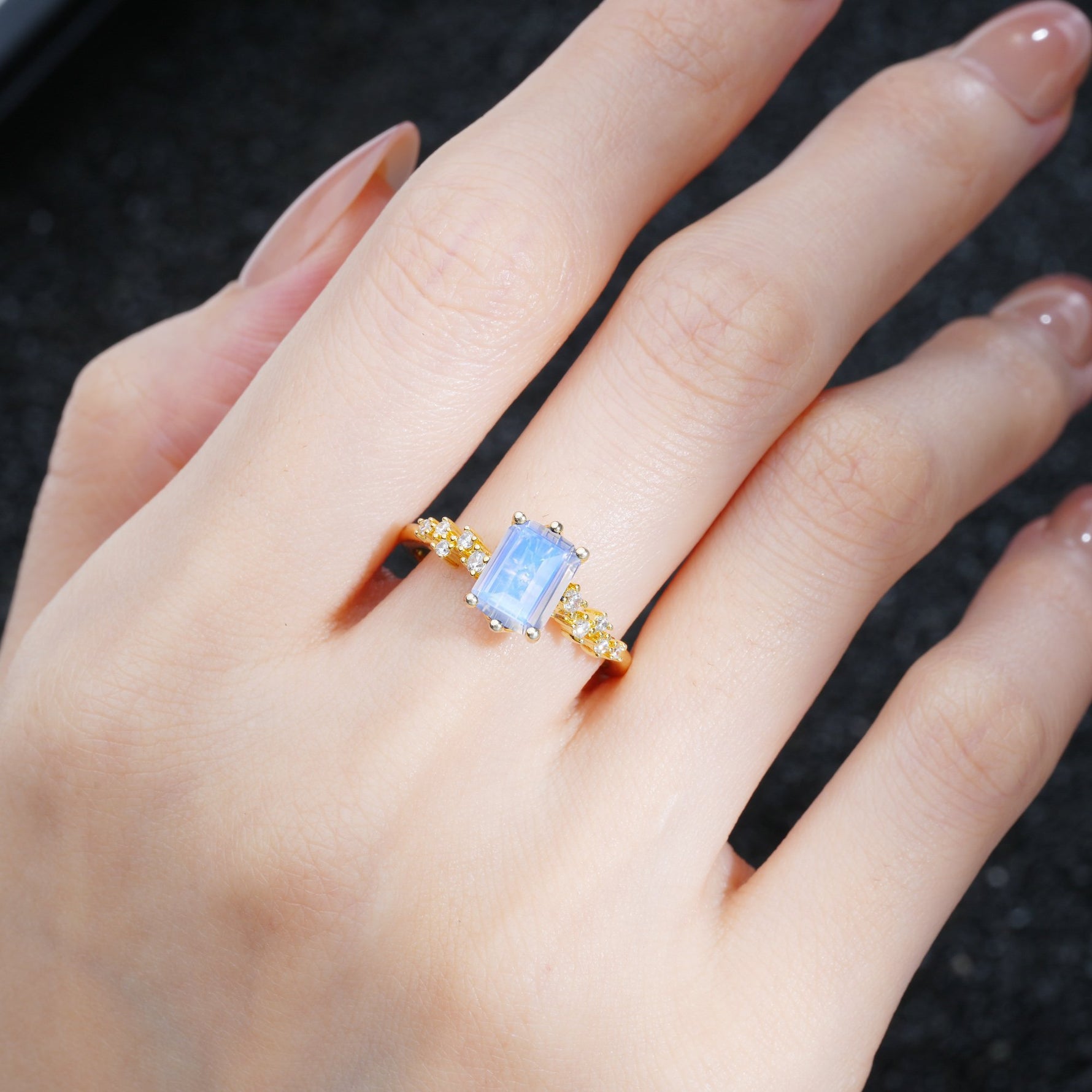 Princess Cut Moonstone Side Stone Engagement Ring - Additional view
