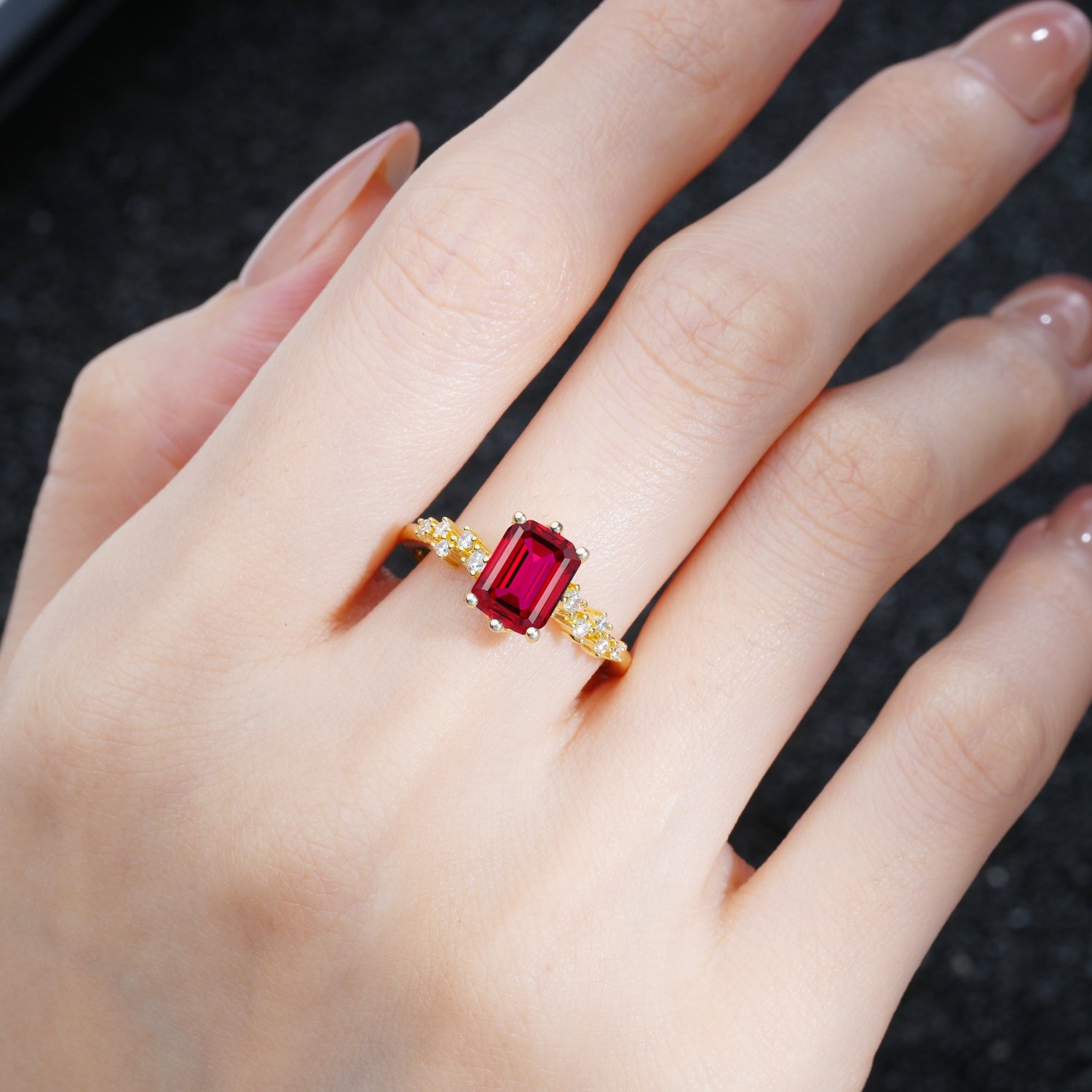 Princess Cut Ruby Side Stone Engagement Ring - Additional view