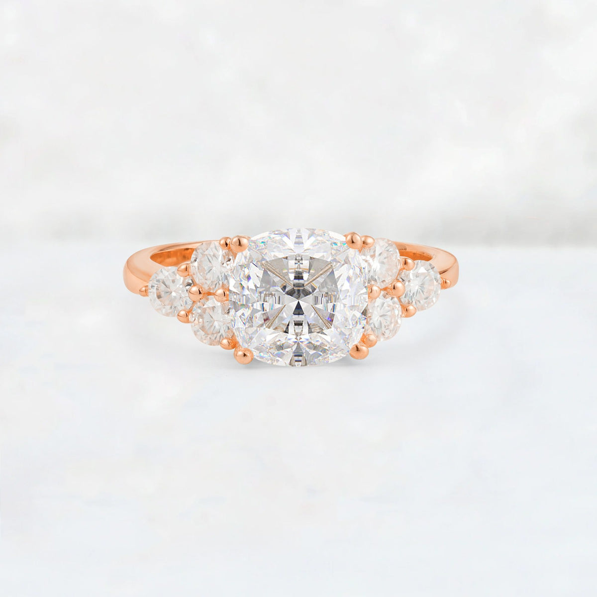 Cushion Cut Moissanite Graduated Cluster Side Stone Engagement Ring - Additional view