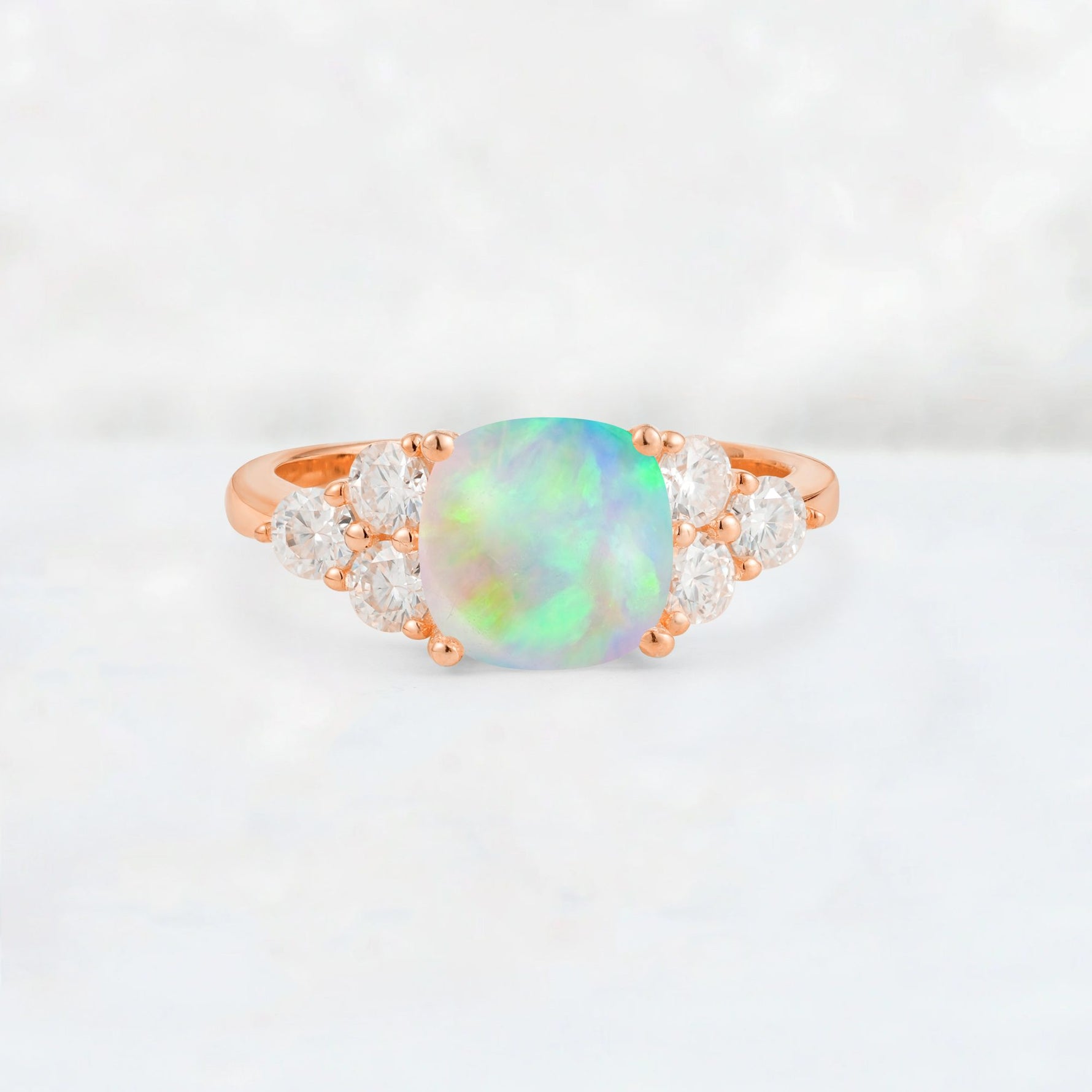 Cushion Cut Fire Opal Graduated Cluster Side Stone Engagement Ring - Additional view