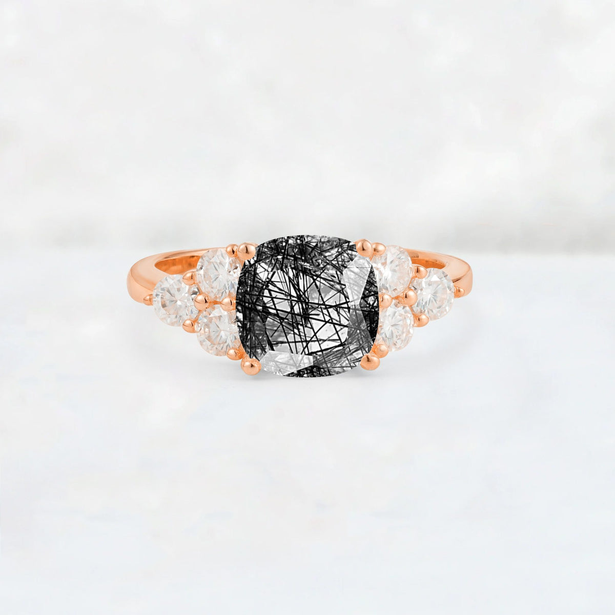 Cushion Cut Black Rutilated Quartz Graduated Cluster Side Stone Engagement Ring - Additional view