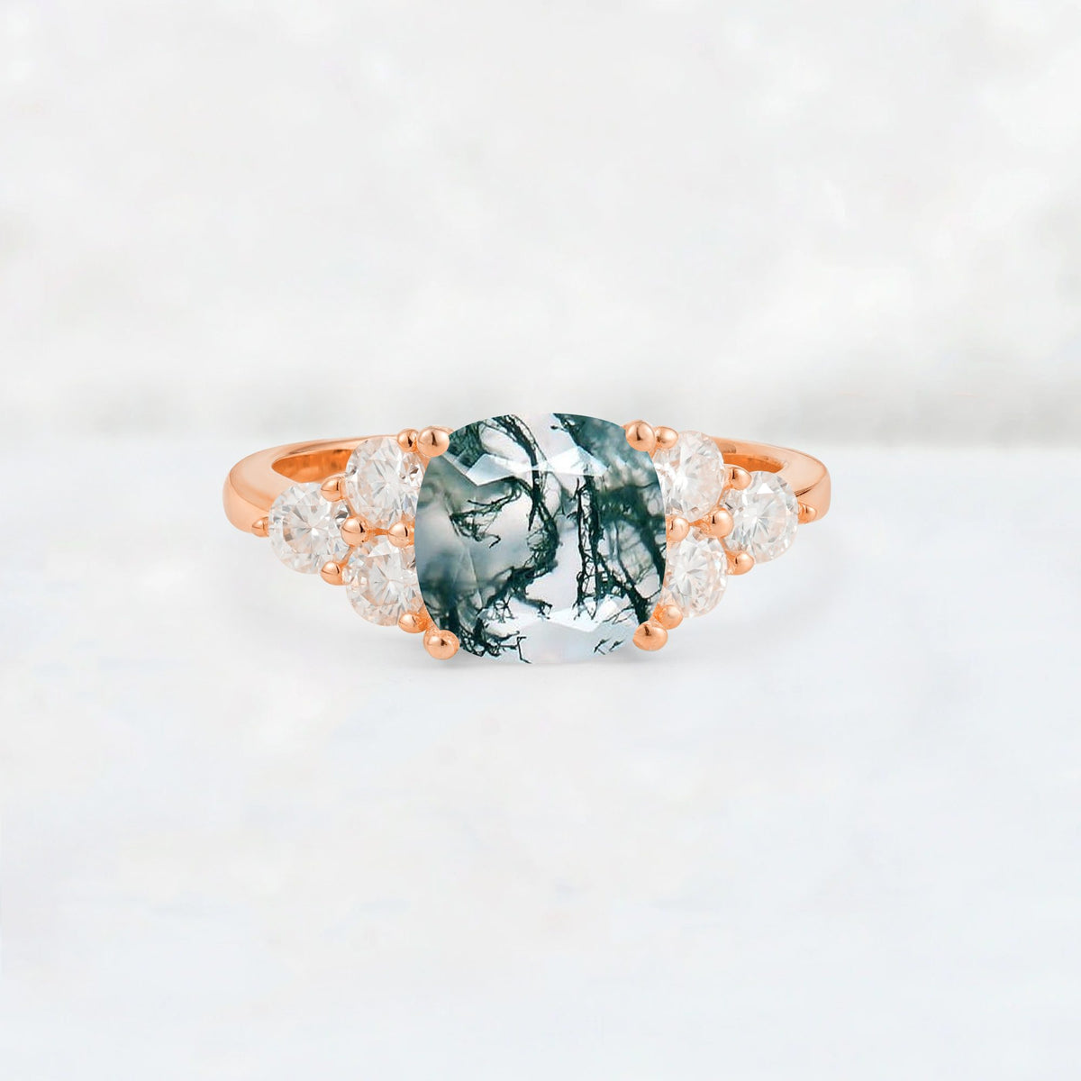 Cushion Cut Moss Agate Graduated Cluster Side Stone Engagement Ring - Additional view