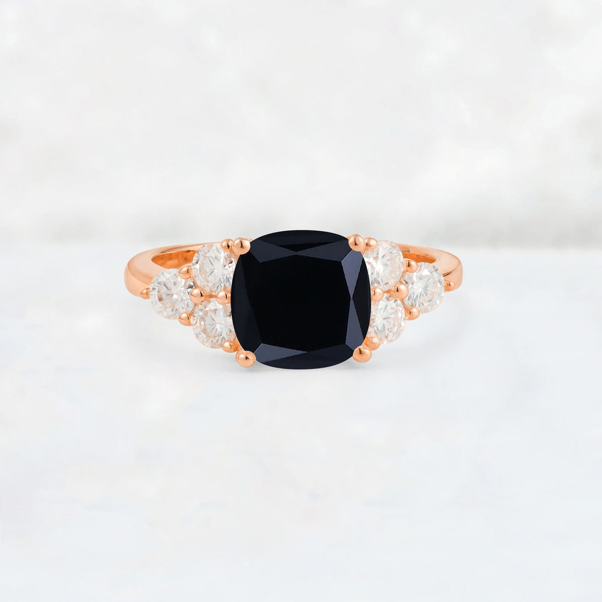 Cushion Cut Black Onyx Graduated Cluster Side Stone Engagement Ring - Additional view