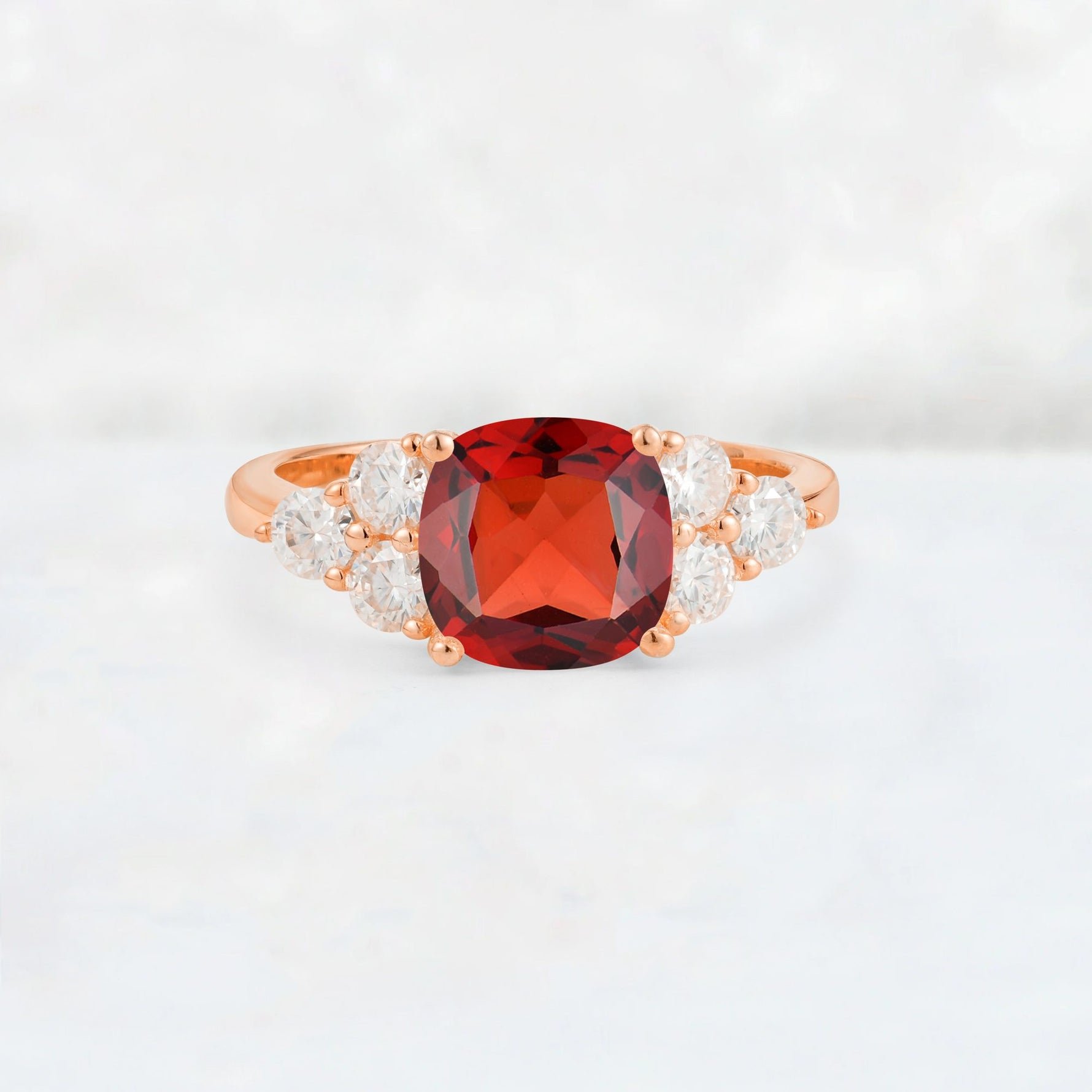 Cushion Cut Garnet Graduated Cluster Side Stone Engagement Ring - Additional view