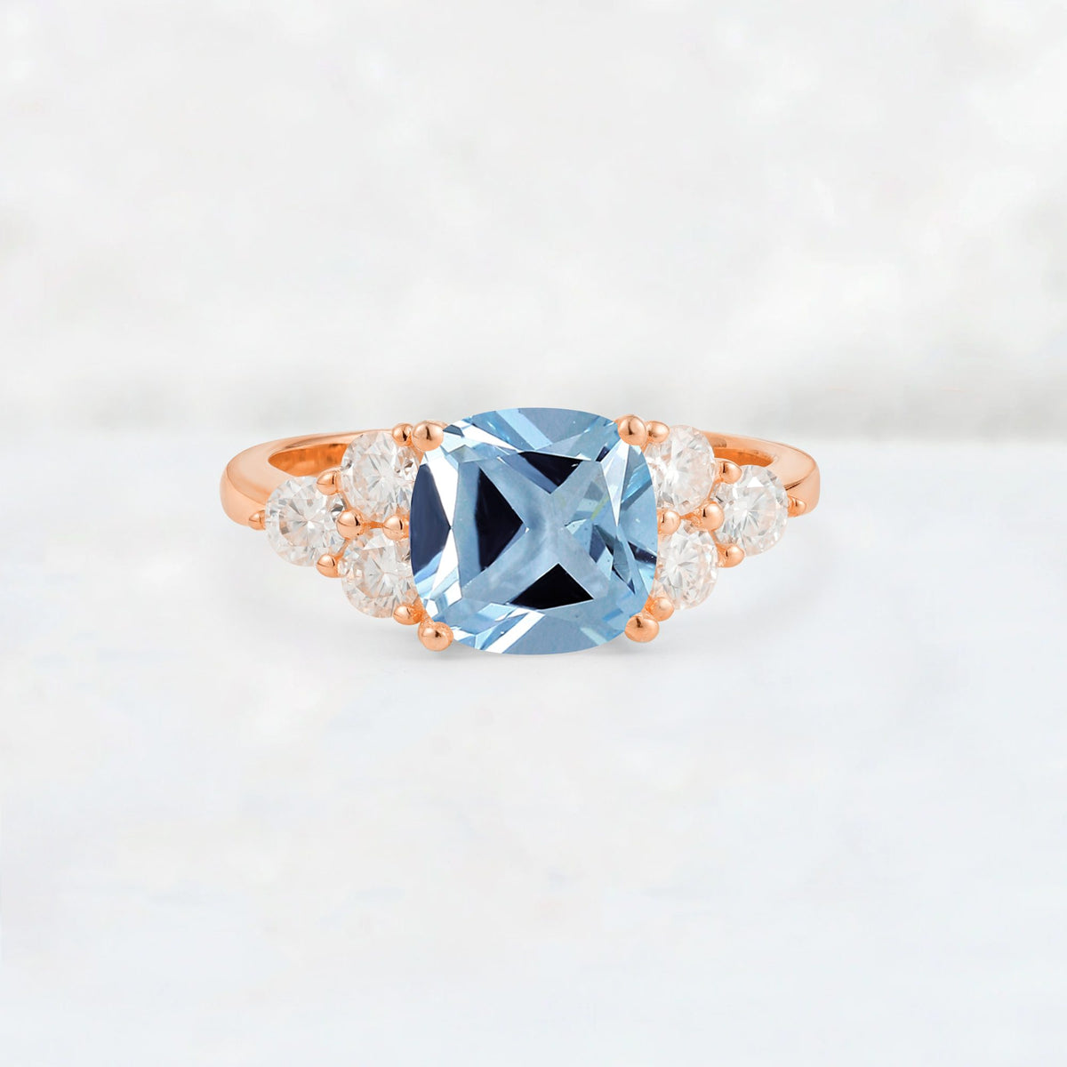 Cushion Cut Aquamarine Graduated Cluster Side Stone Engagement Ring - Additional view