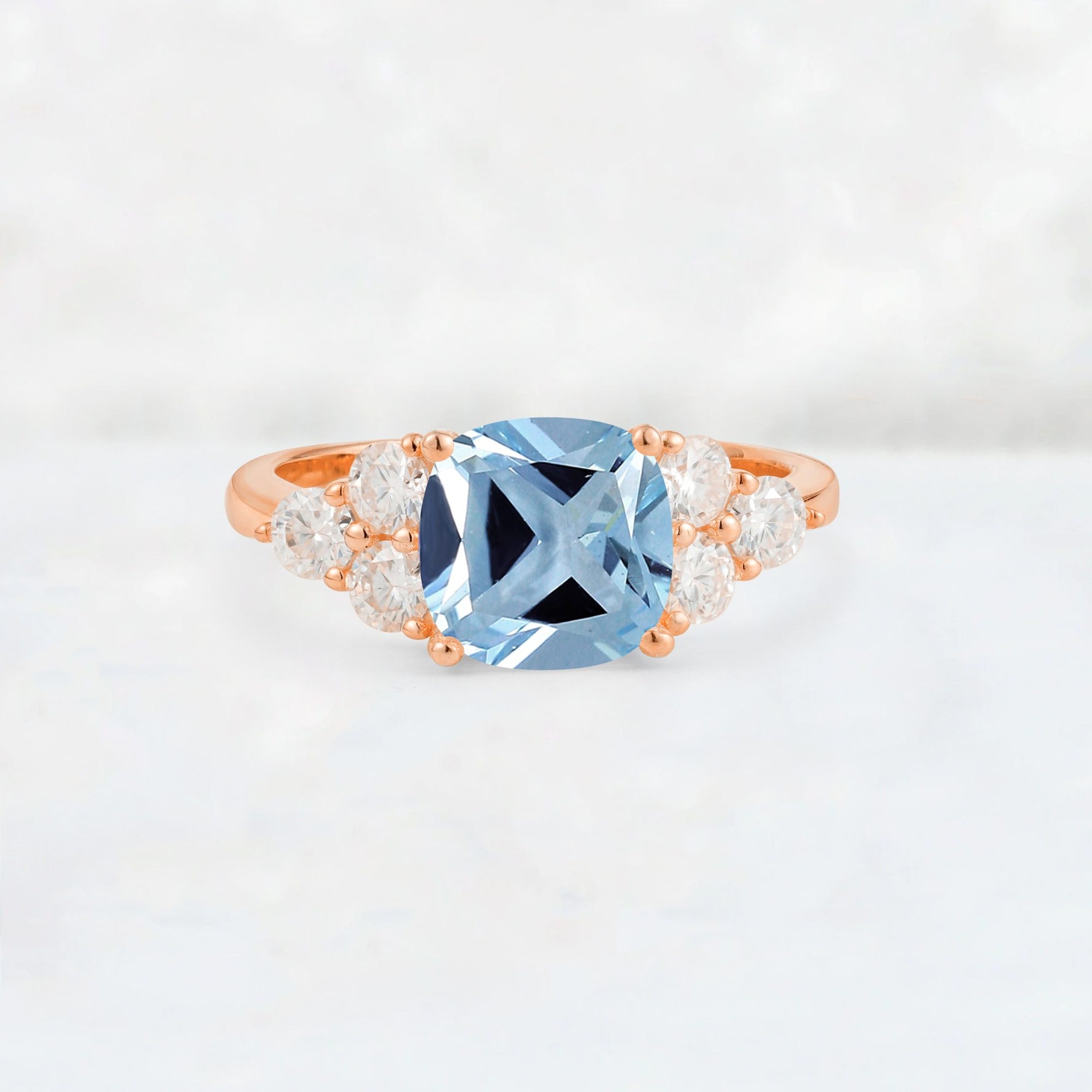 Cushion Cut Aquamarine Graduated Cluster Side Stone Engagement Ring - Additional view