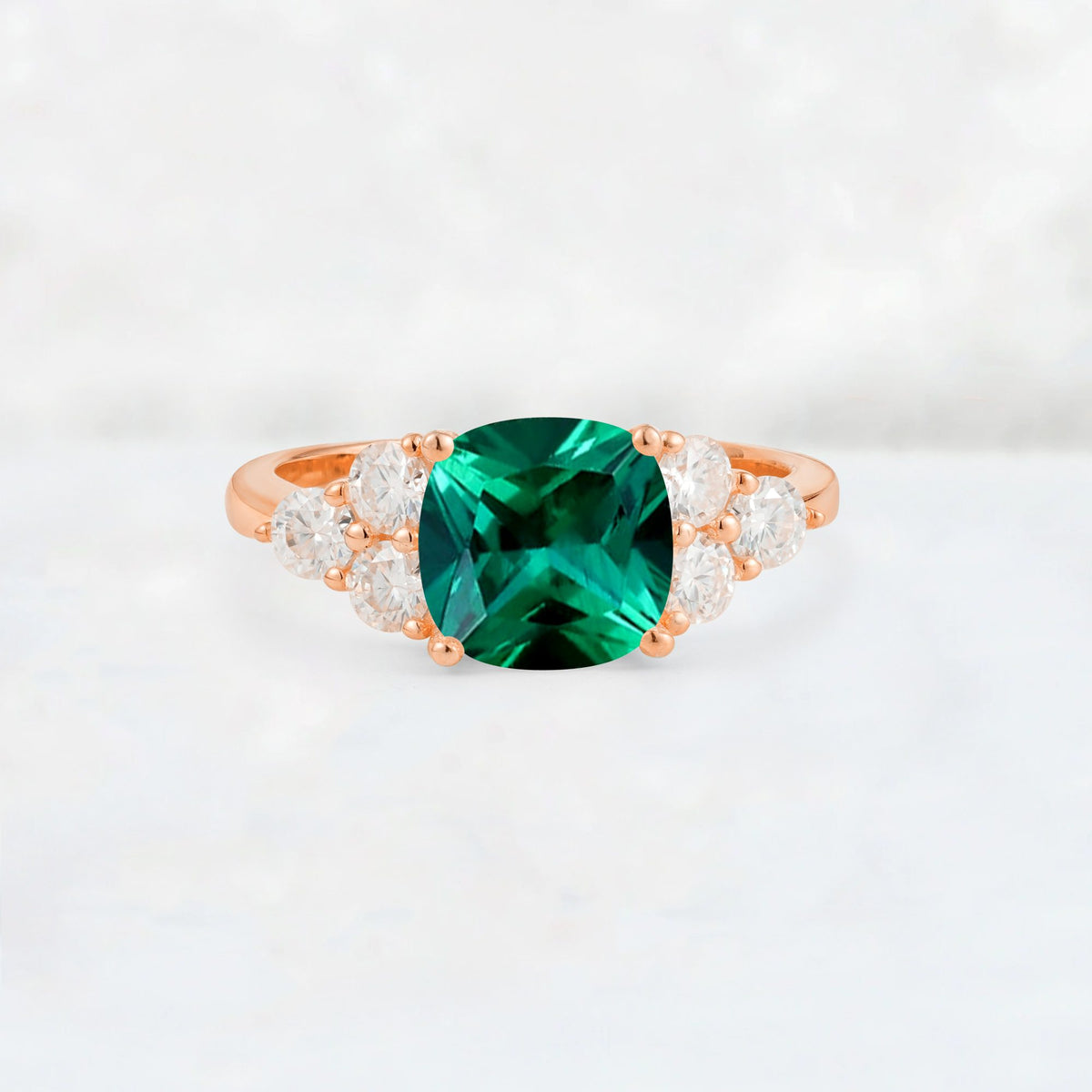Cushion Cut Emerald Graduated Cluster Side Stone Engagement Ring - Additional view