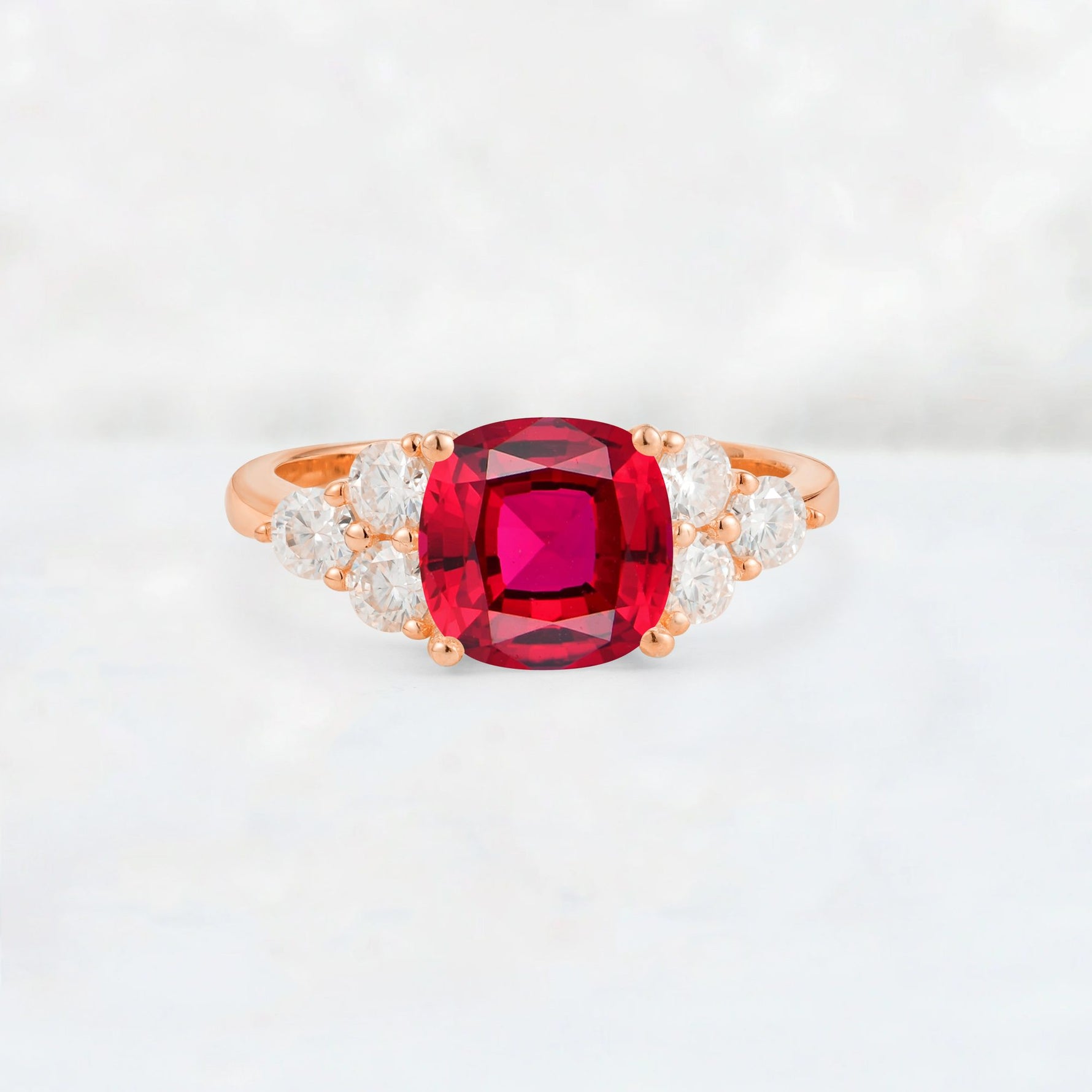 Cushion Cut Ruby Graduated Cluster Side Stone Engagement Ring - Additional view