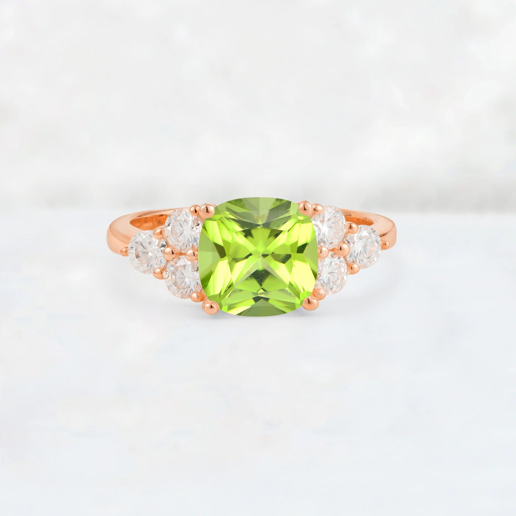 Cushion Cut Peridot Graduated Cluster Side Stone Engagement Ring - Additional view