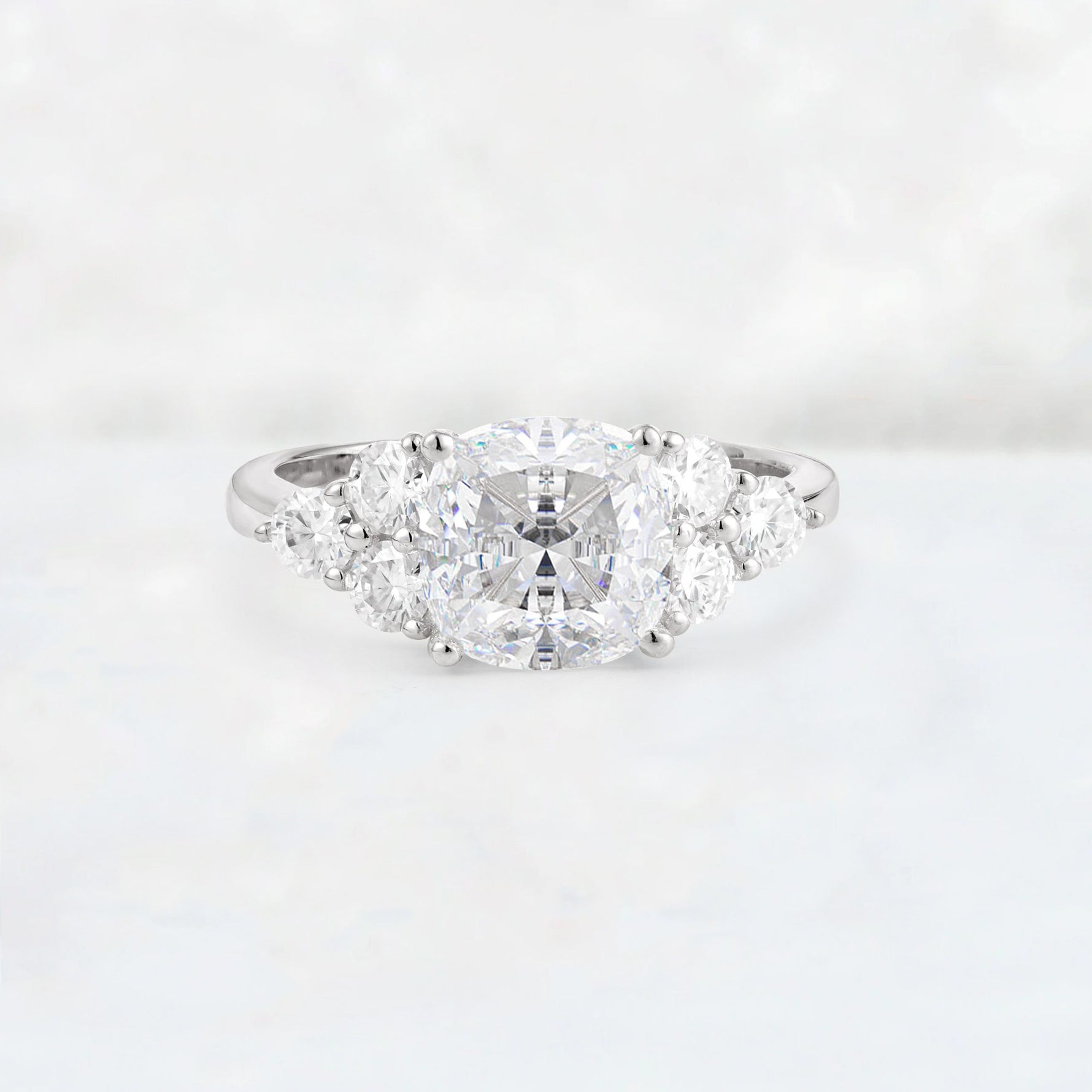 Cushion Cut Moissanite Graduated Cluster Side Stone Engagement Ring - Additional view