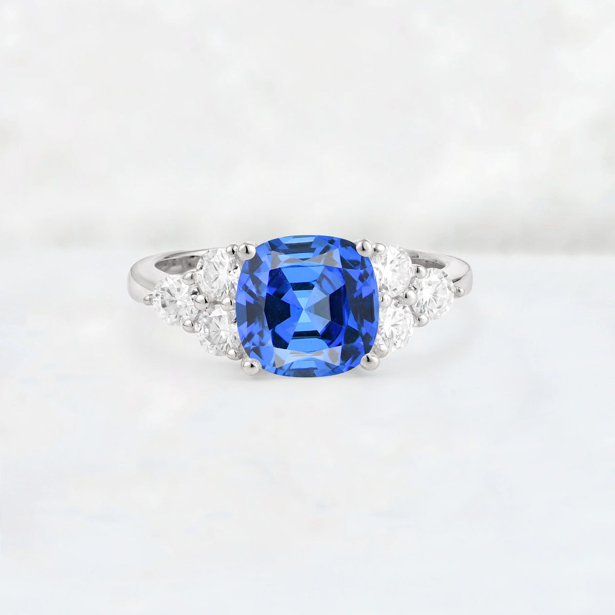 Cushion Cut Sapphire Graduated Cluster Side Stone Engagement Ring - Additional view